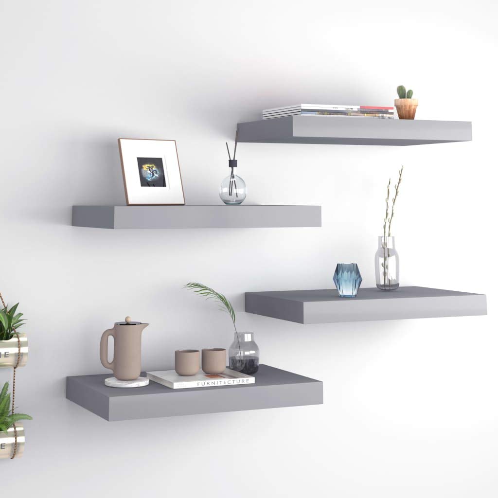 Floating Wall Shelves Set of 4 - Modern Gray MDF Bookshelves for Bathroom, Bedroom & Living Room (15.7
