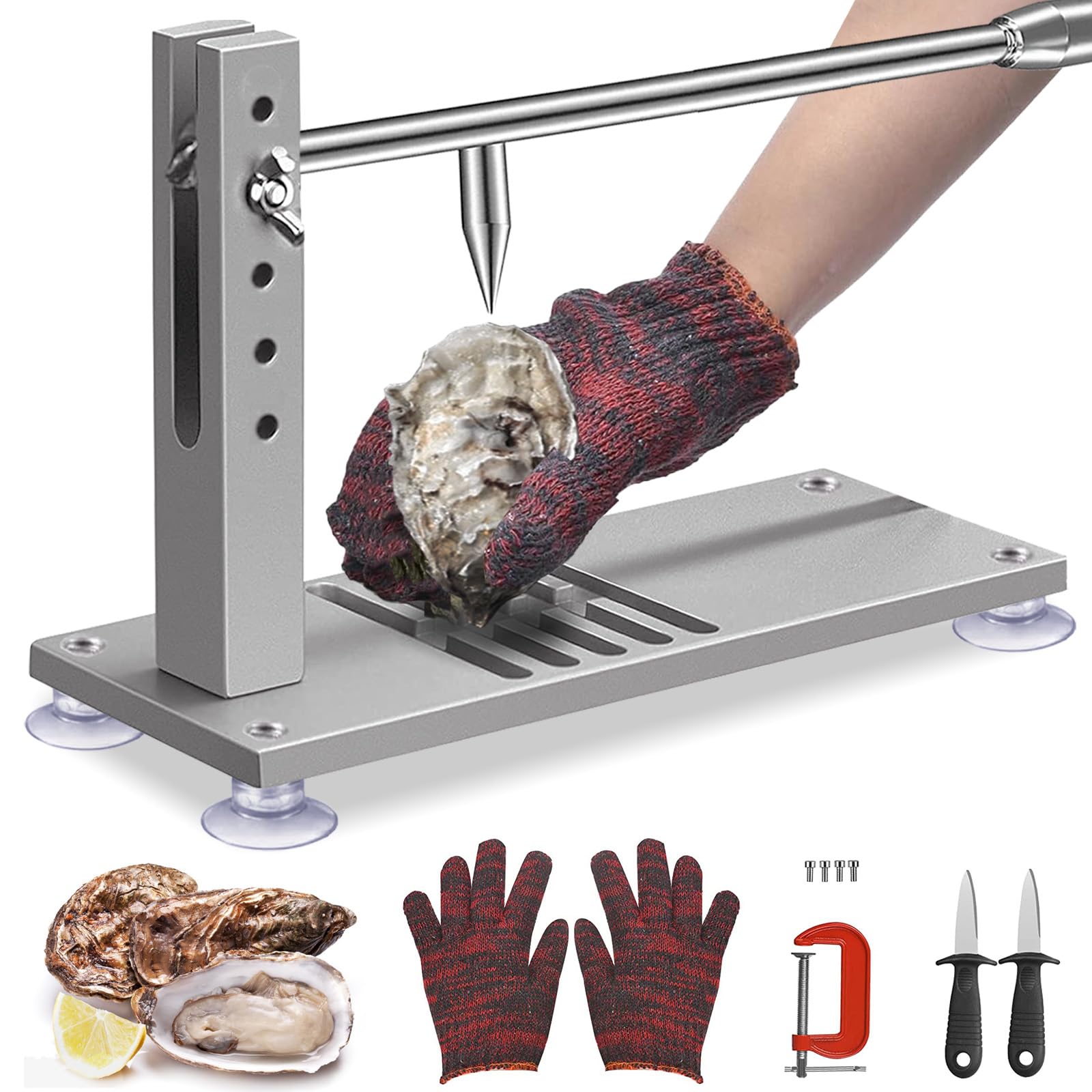 Premium Stainless Steel Oyster Shucker Tool Kit - Heavy Duty Clam Opener with Adjustable Blade, Non-Slip Suction Base, Protective Gloves & G-Clip - Perfect for Home Kitchen, Seafood Restaurants & Beachside Oyster Parties