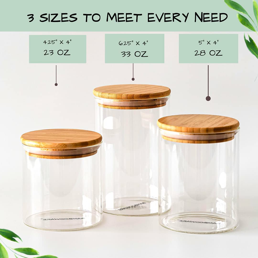 Airtight Glass Storage Containers with Wooden Lids - Set of 3 Kitchen & Pantry Organization Jars for Sugar, Flour, Rice, Pasta, Spices, Candy, Cookies | Perfect for Baking, Meal Prep & Food Storage