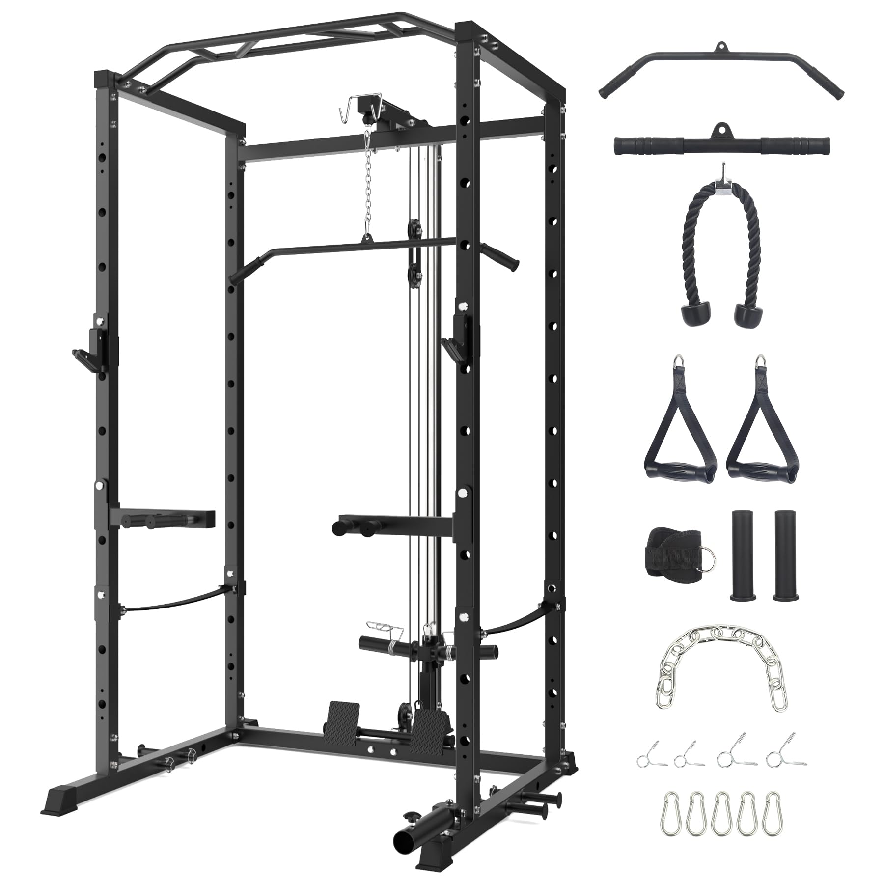 1600LBS Power Cage Squat Rack with Dip Bar & Cable Pulley System - Heavy Duty Stainless Steel Home Gym Equipment for Weight Training, Strength Workouts & CrossFit - Perfect for Garage Gym & Home Fitness