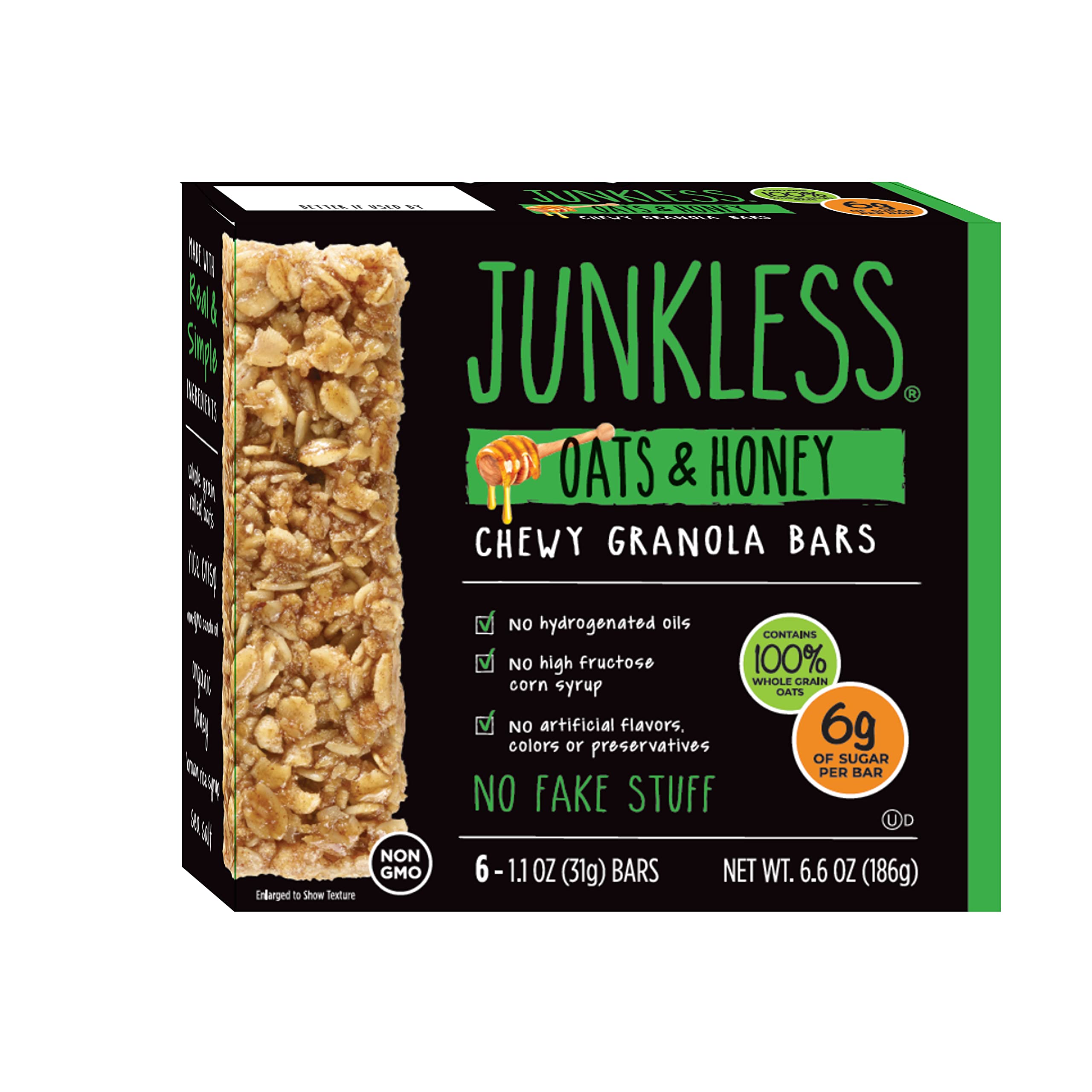 Junkless Oats & Honey Chewy Granola Bars - Low Sugar, Healthy Snack, 1.1oz Bars (6 Pack) - Perfect for School Lunches, Hiking & On-the-Go Energy