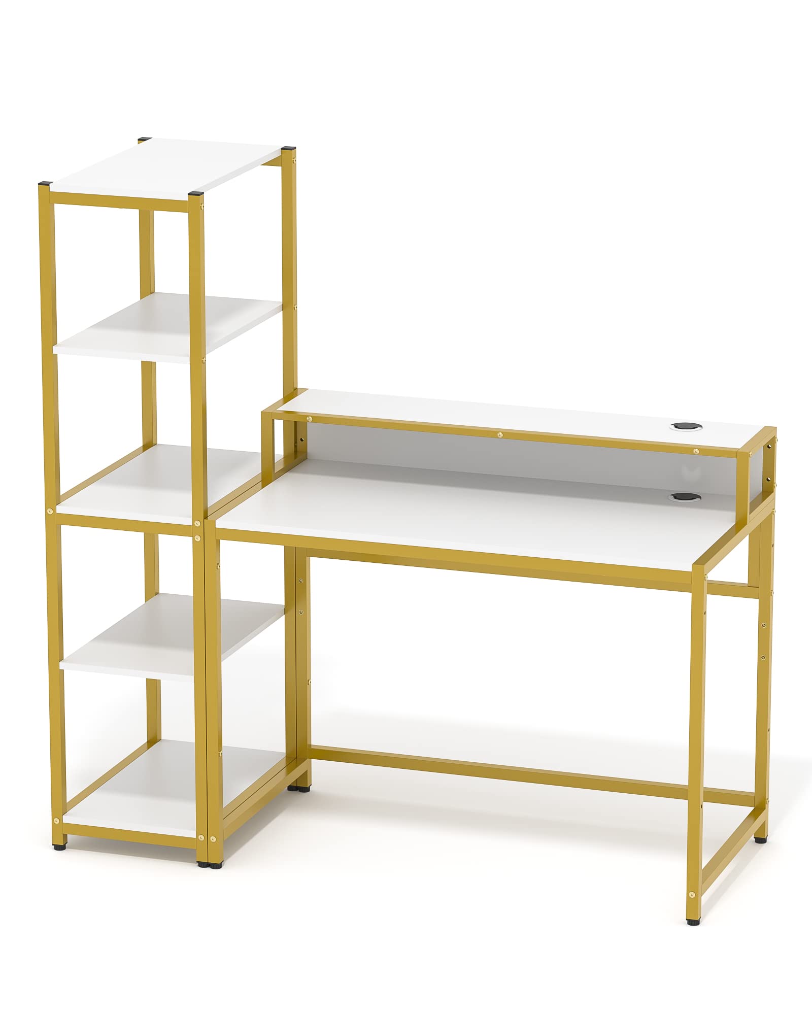 Teraves 49 Inch Computer Desk with 5 Tier Shelves - Reversible Writing Desk with Storage, Home Office Study Table & Bookcase Combo (White & Gold Frame) - Perfect for Small Spaces, Gaming Setup, Remote Work & Student Dorm Rooms