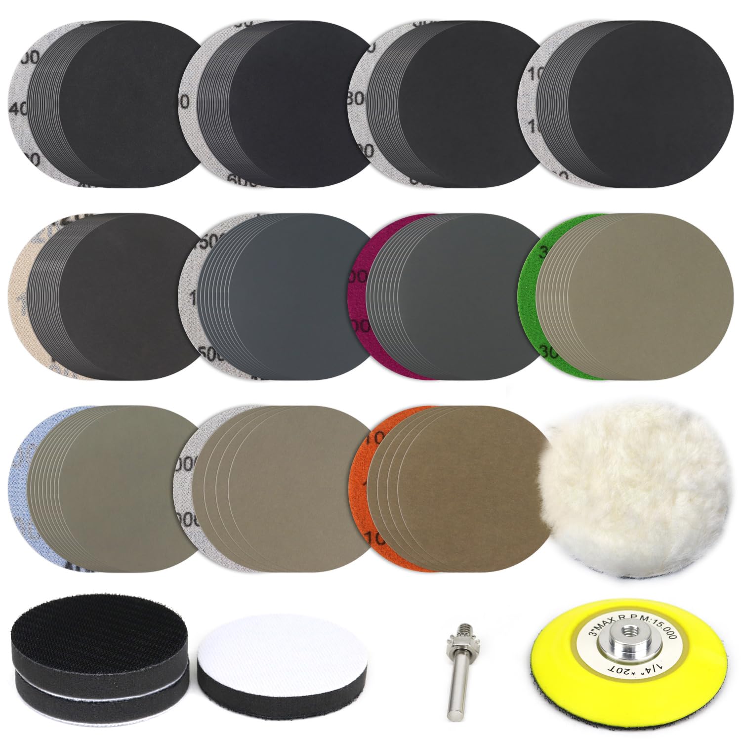 POLIWELL 150-Piece 3-Inch Sanding Discs Kit - Silicon Carbide Wet/Dry Sandpaper 400-10000 Grit with Hook & Loop Backing - Includes 1/4
