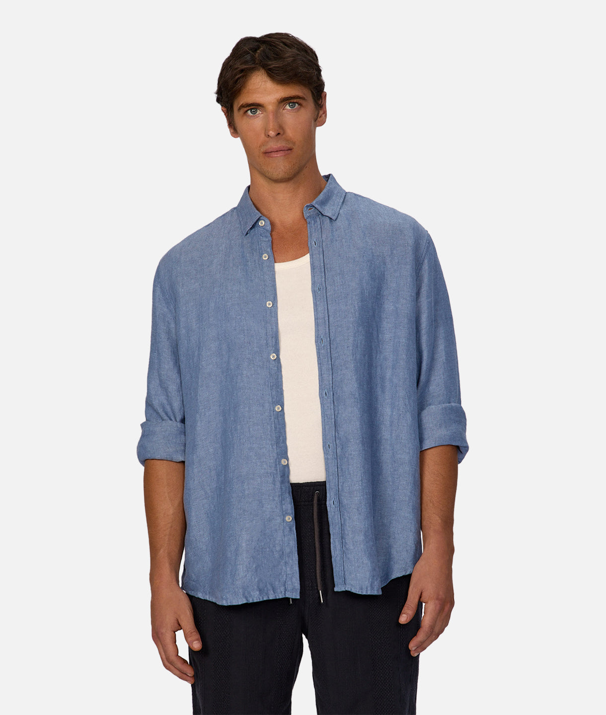 Trinidad Linen Blend Long Sleeve Shirt in Dark Chambray - Size 24 | Comfortable & Stylish Casual Wear for Men | Perfect for Office, Travel & Outdoor Activities