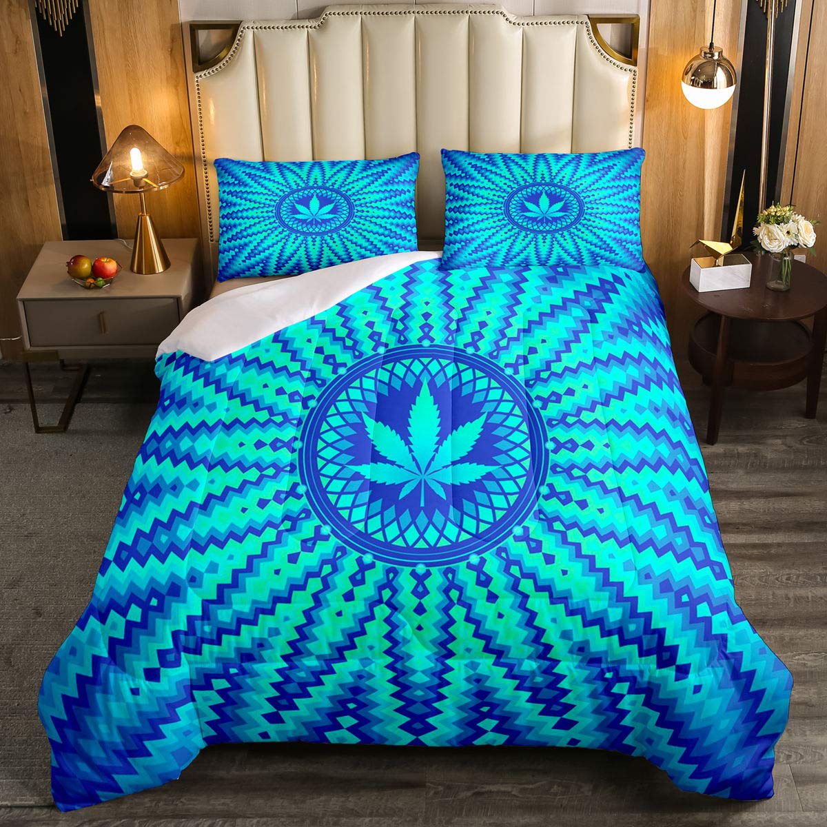 Erosebridal Queen Size Cannabis Leaf Comforter Set - Bohemian Blue Marijuana Weed Duvet Cover with Mandala & Aztec Striped Design, Trippy Grunge Arrow Decor for Hippie & Stoner Bedroom Decor