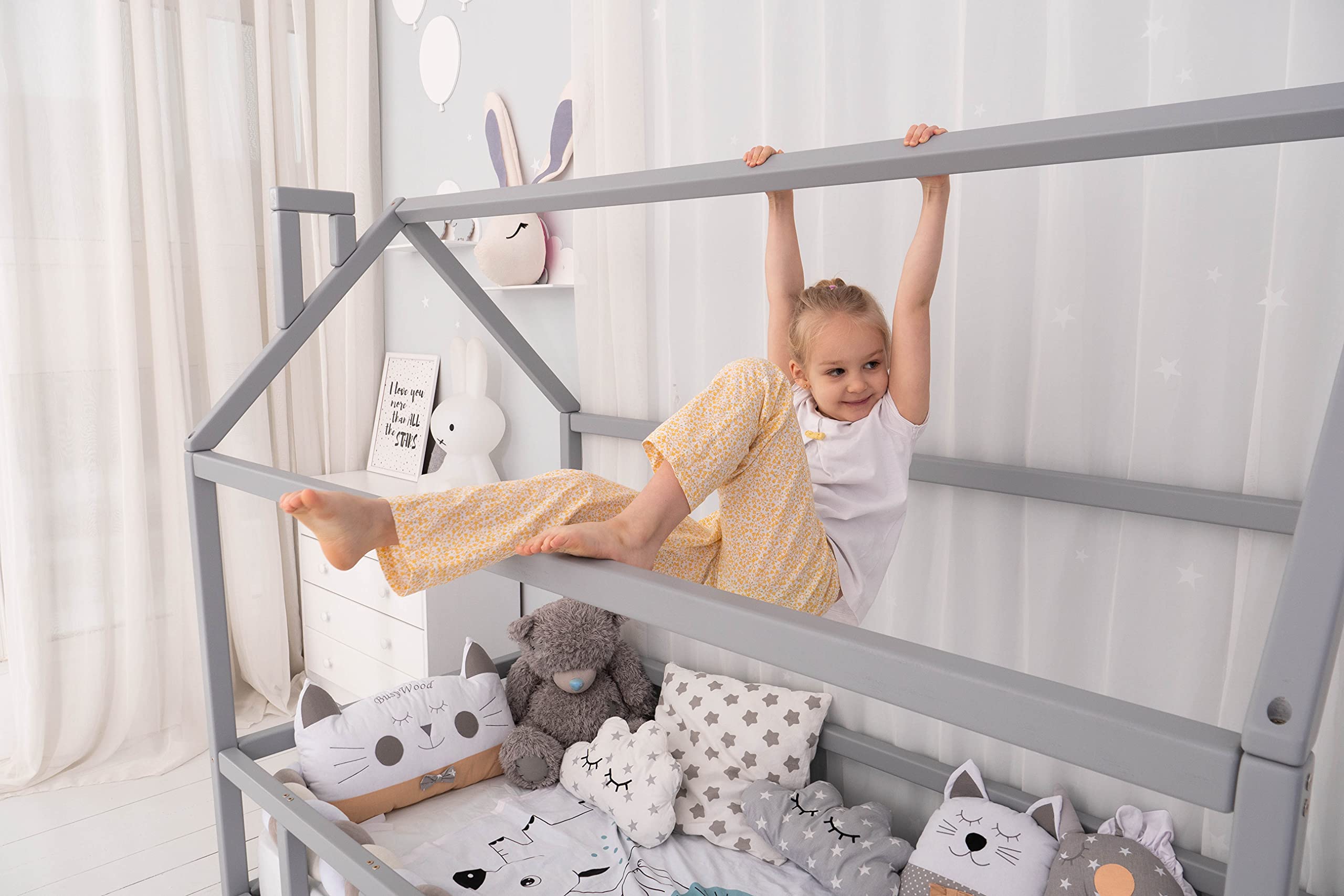BUSYWOOD Montessori Twin House Bed - Toddler Floor Bed Frame for Kids - Grey Model 2 | Safe & Sturdy Kids Furniture for Playroom & Bedroom | Perfect Montessori Bed for Toddlers' Sleep & Play Space