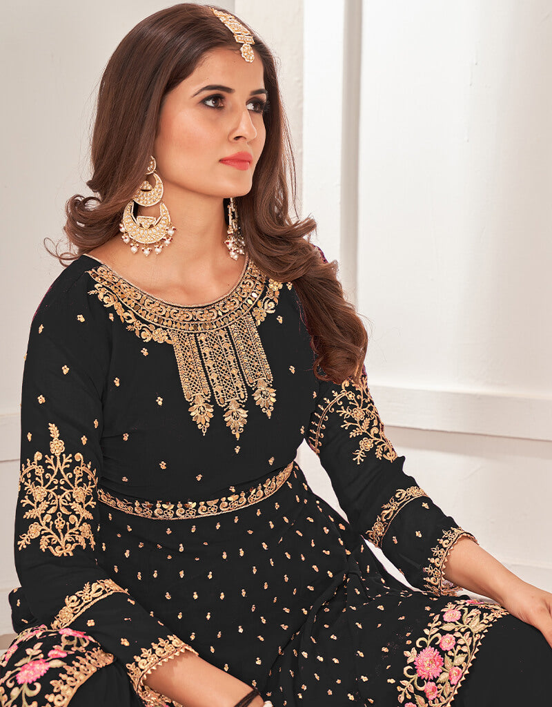 Elegant Black Sharara Style Salwar Suit - Faux Georgette Fabric for Women | Perfect for Weddings, Parties & Festive Occasions