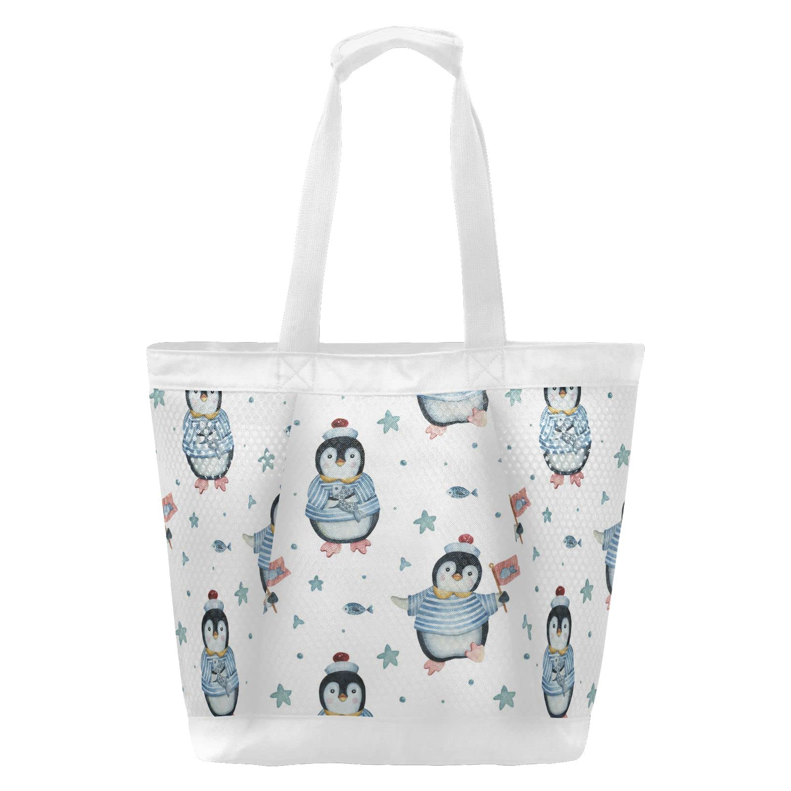 J JOYSAY Large Waterproof Mesh Beach Tote Bag - Sandproof Women's Shoulder Bag for Travel, Swimming, Picnic & Overnight Trips - Cute Penguin Design Beach Essentials for Summer Vacation