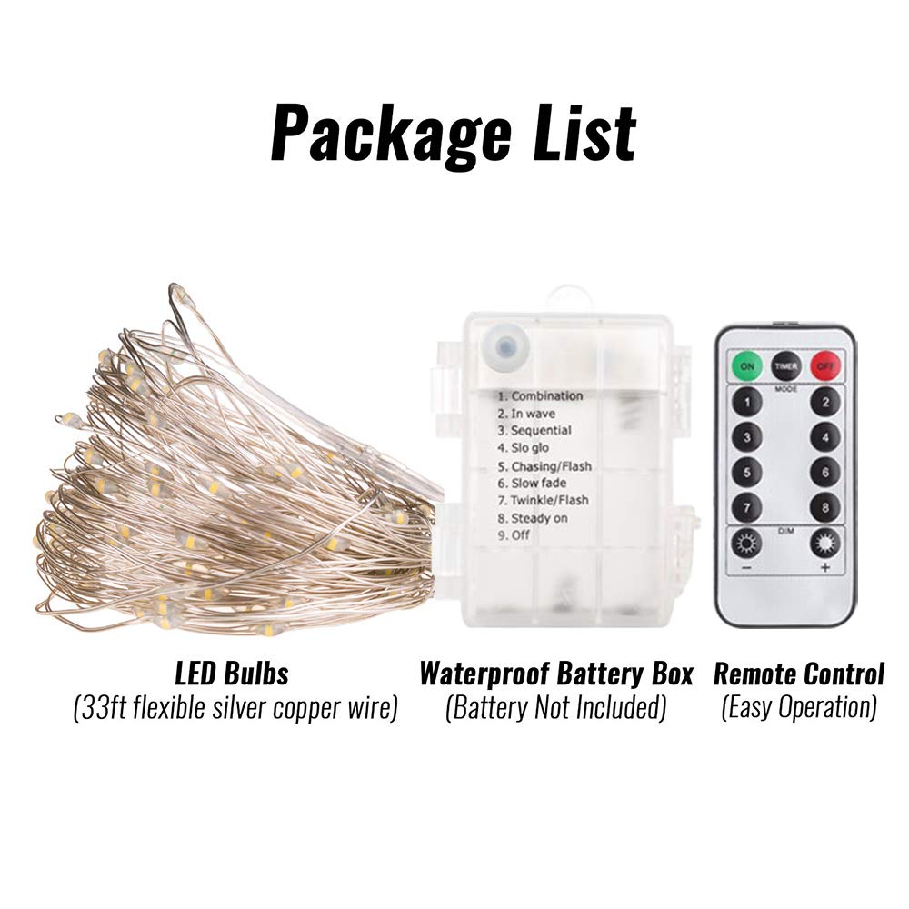 ANJAYLIA 2 Pack 33ft 100 LED Fairy Lights - Battery Operated Waterproof String Lights with Remote & Timer - Dimmable Copper Wire Firefly Lights for Christmas, Wedding, Party, Bedroom, Garden Decoration