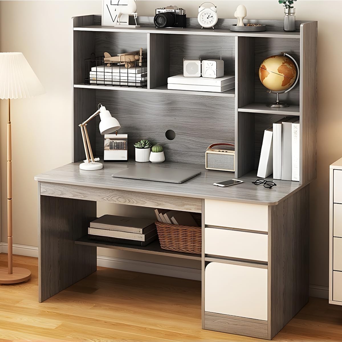 Modern Grey Wooden Credenza Desk with Storage Drawers & Shelves - 47