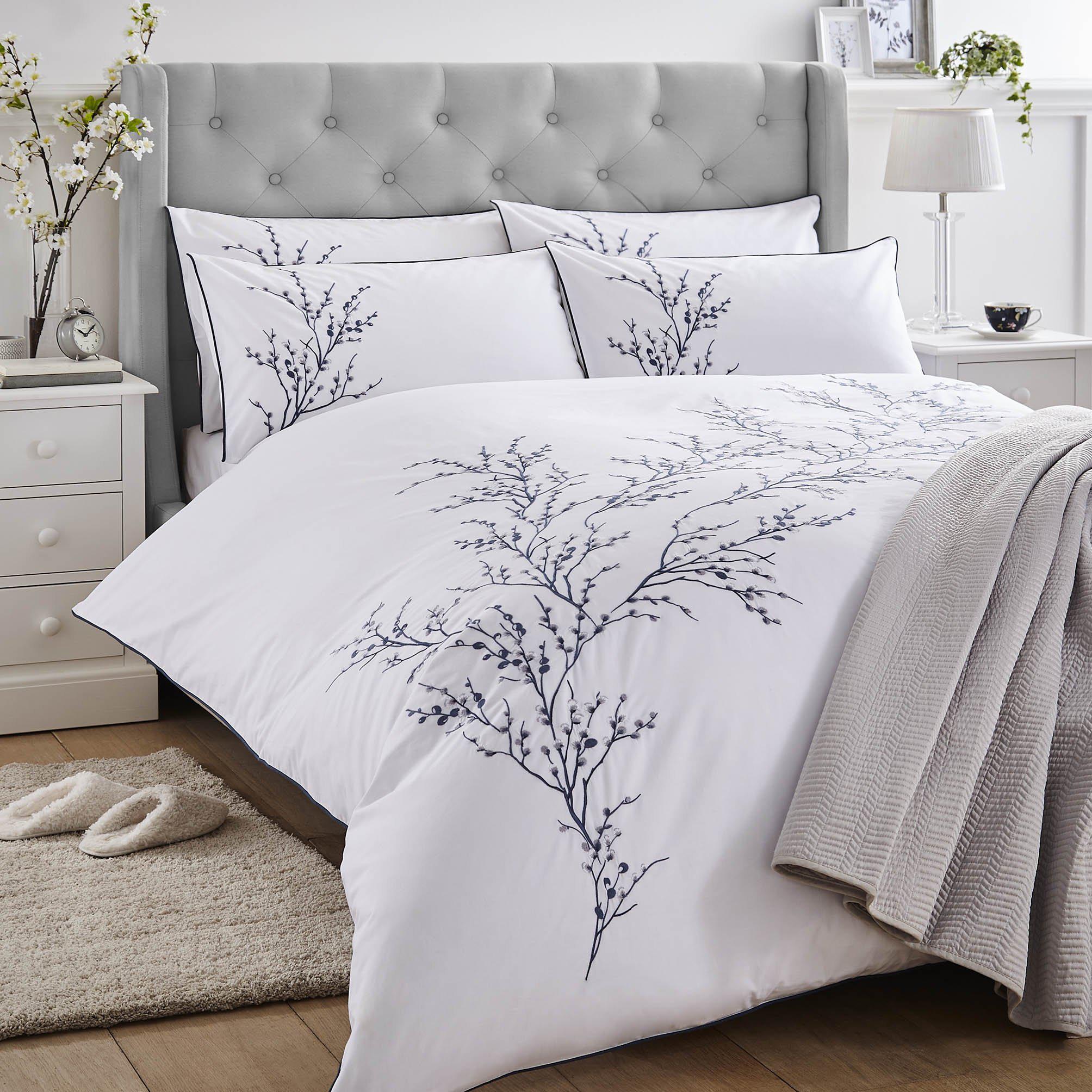 Laura Ashley Pussy Willow Embroidered Duvet Cover Set - Queen Size Floral Bedding with Sprig Design for Cozy Bedroom Decor | Perfect for Master Bedroom, Guest Room & Vacation Homes