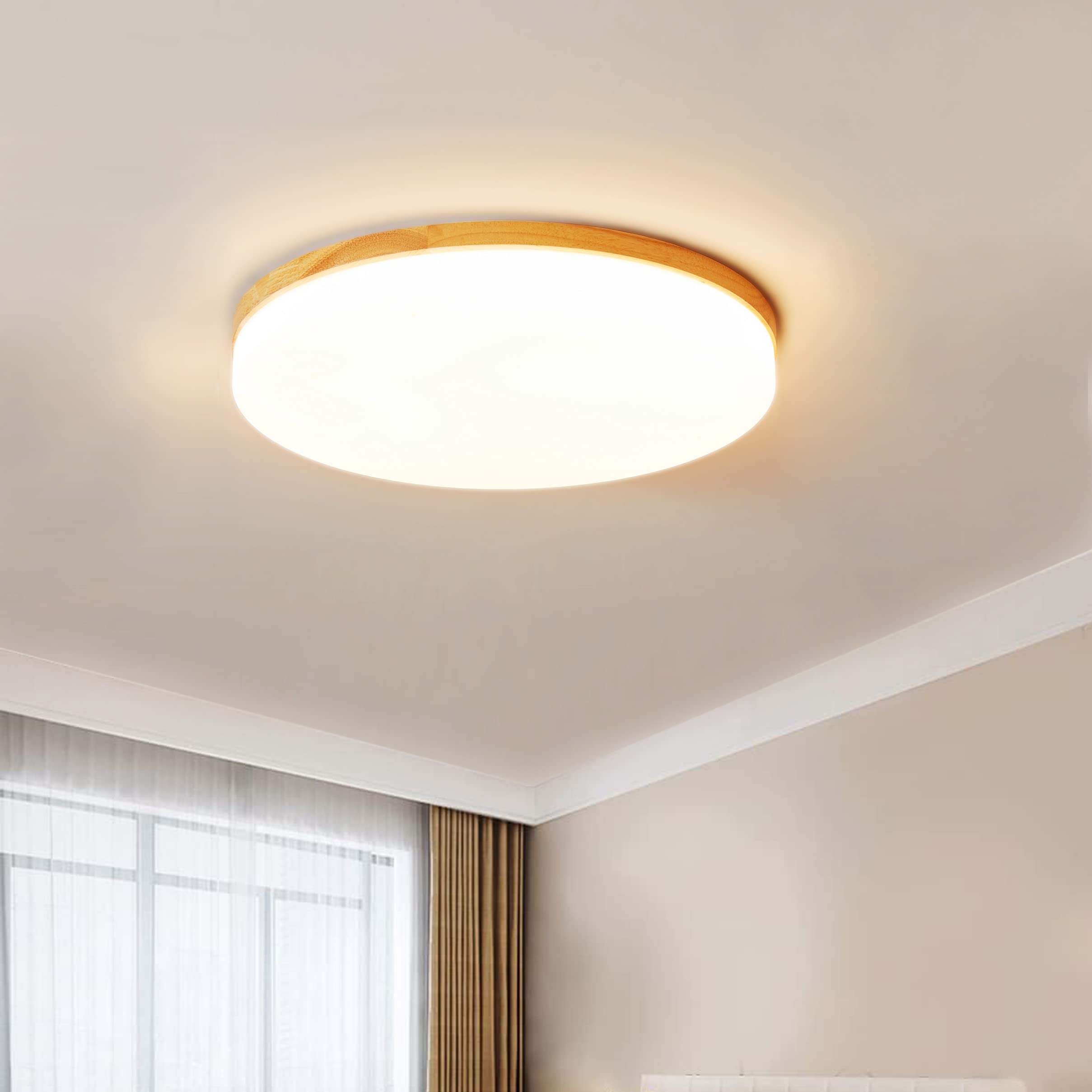 30W Flush Mount LED Ceiling Light - Modern Round Wooden Ceiling Lamp for Living Room, Bedroom & Kitchen | Energy Efficient Close-to-Ceiling Lighting Fixture