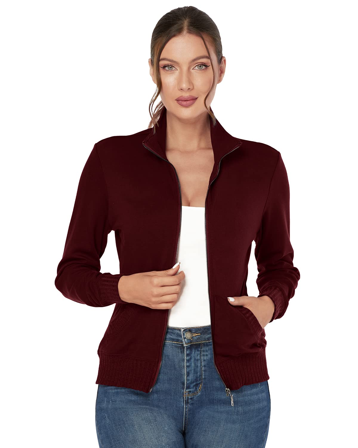 J.Corrine Women's Stand Collar Zip Up Sweatshirt Jacket - Long Sleeve Running Track Coat with Pockets - Navy Blue - Perfect for Jogging, Gym Workouts & Casual Outfits