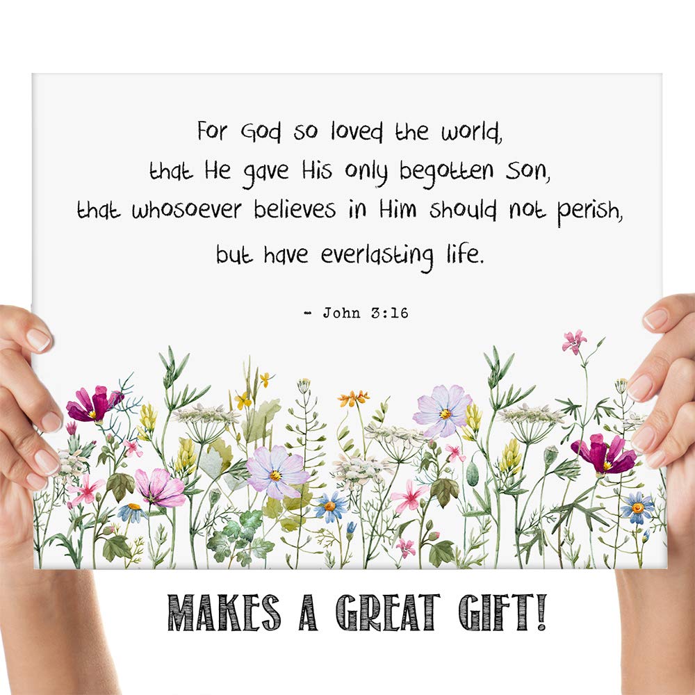 TJ Originals - John 3:16 Bible Verse Wall Art - 11x14 Inspirational Christian Home Decor with Wild Flowers Design - Perfect for Living Room, Bedroom & Church - Great Gift for Women, Family & Friends (Birthday, Housewarming, Religious Occasions)