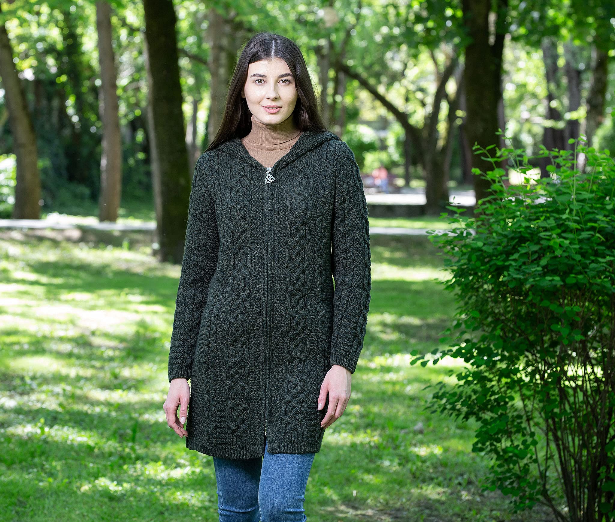 SAOL 100% Merino Wool Aran Irish Cardigan for Women - Cozy Hooded Sweater with Pockets & Celtic Zipper | Perfect for Winter, Fall & Casual Outfits