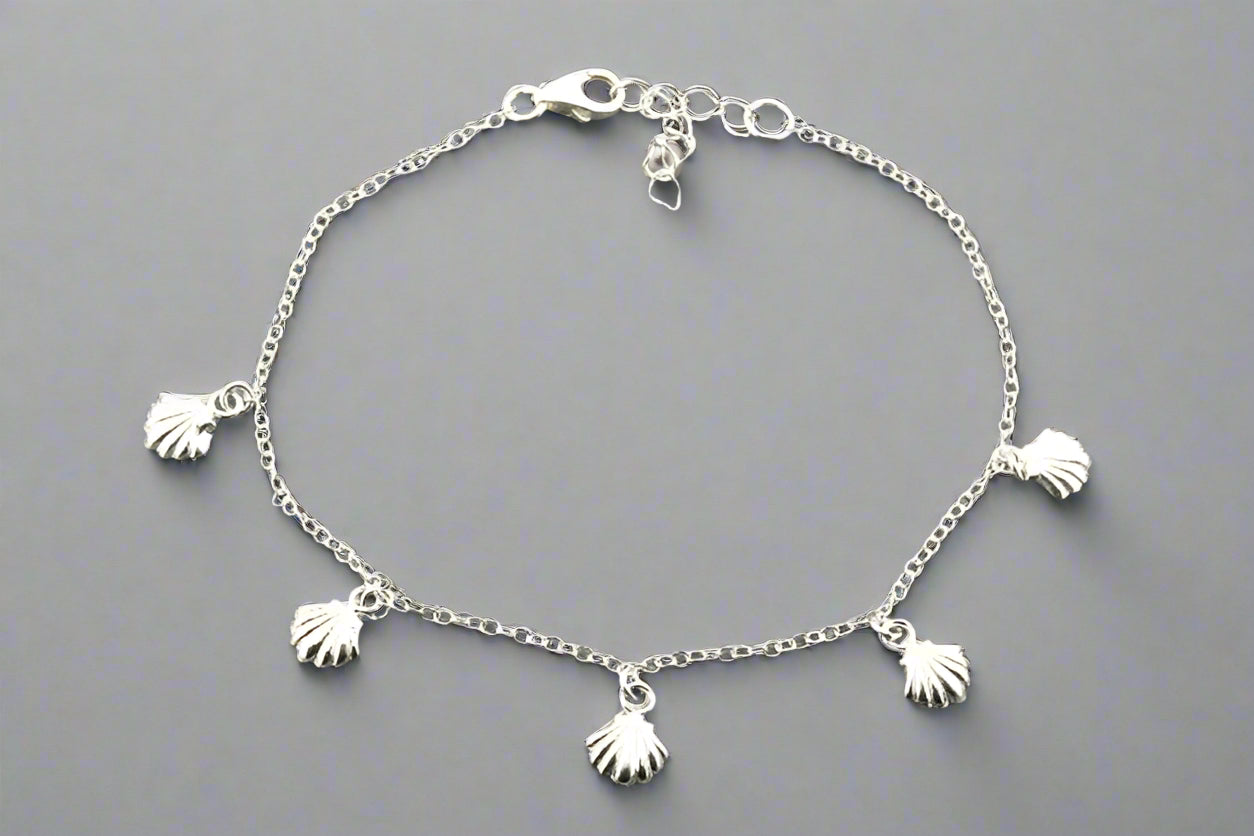 5-Pack Sterling Silver Scallop Shell & Link Bracelet Set - Elegant Beach Jewelry for Women, Perfect for Summer Vacations, Weddings & Boho Fashion