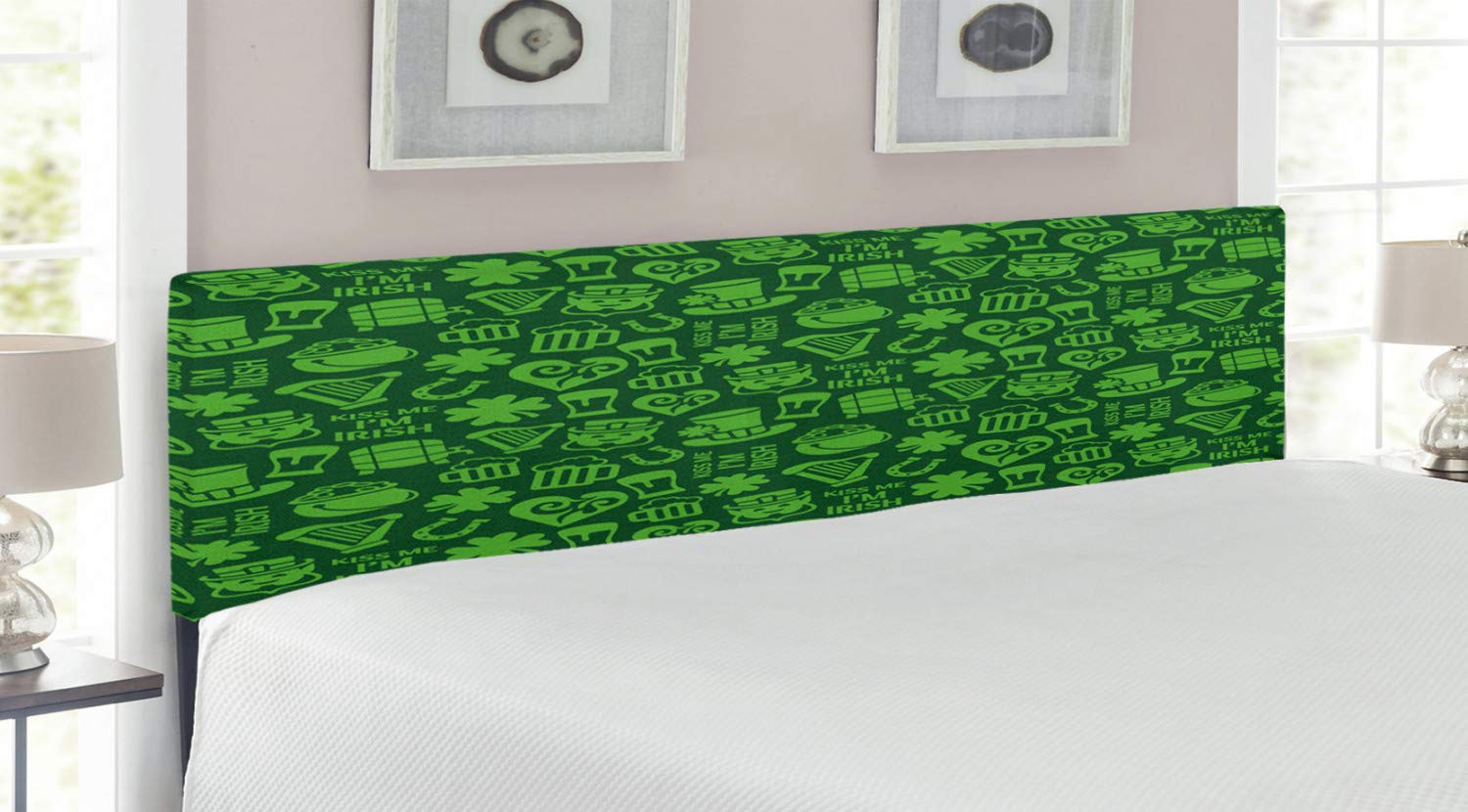 Ambesonne Irish Headboard - Kiss Me I'm Irish Humorous Design with Ale, Shamrocks & Hats | Upholstered Decorative Metal Bed Frame with Memory Foam | King Size in Vibrant Lime Green | Perfect for St. Patrick's Day Decor & Irish-Themed Bedrooms