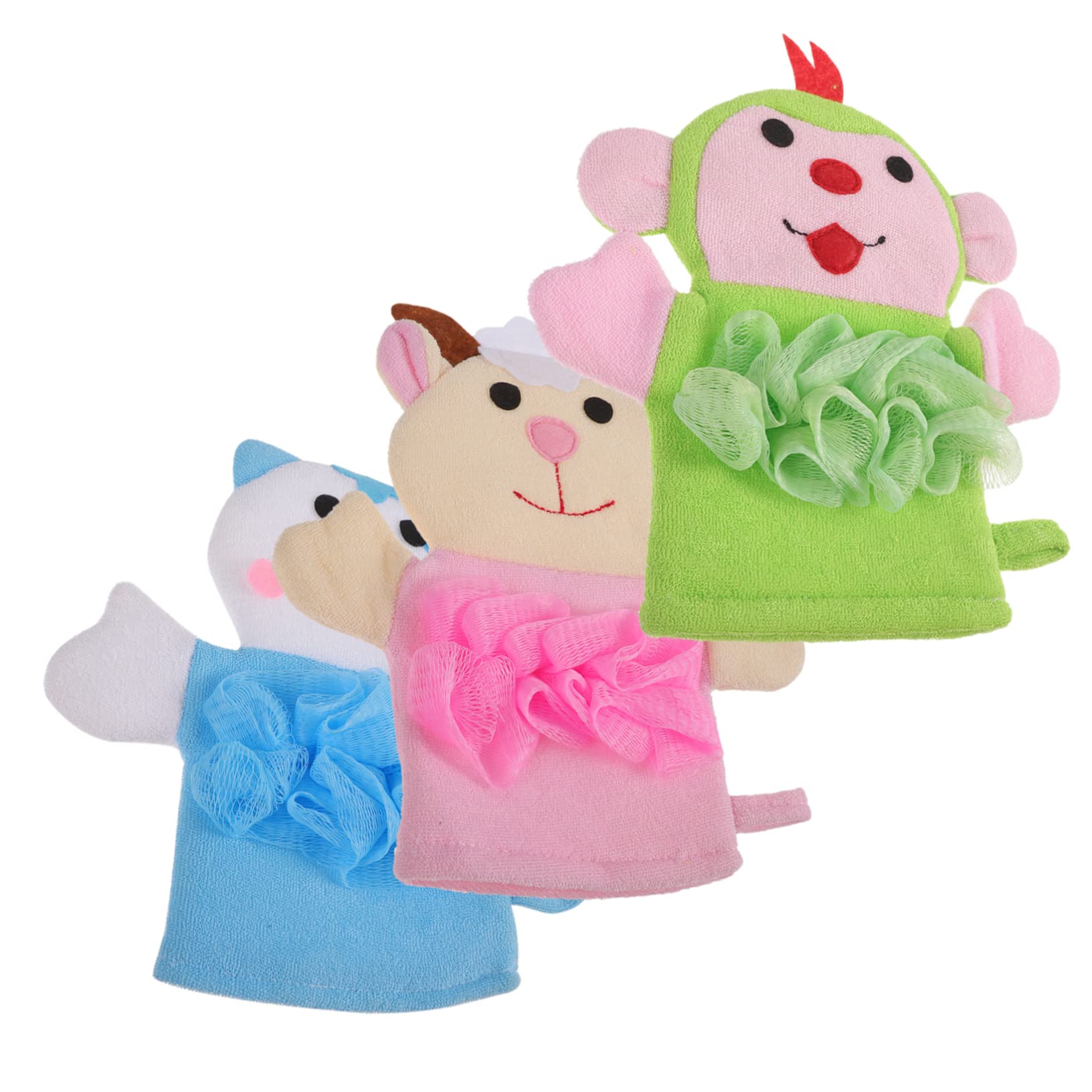 ORFOFE 3-Pack Cartoon Bath Gloves for Kids - Soft Sponge Wash Mittens in Blue, Pink, Green & Yellow - Fun Chick Design for Toddler Bath Time & Sensitive Skin Care