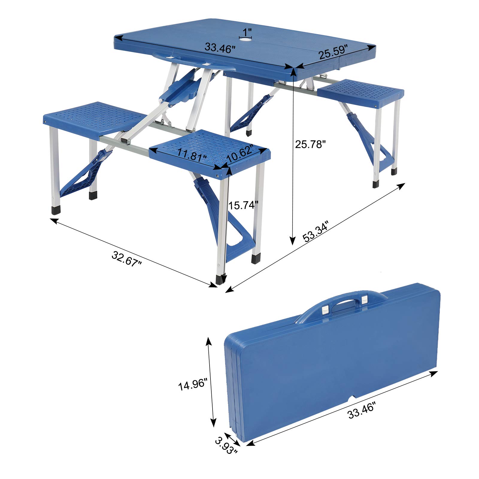 Portable Folding Picnic Table with 4 Seats - Lightweight Camping Table for Outdoor Travel, Beach, Backyard & Patio - Includes Umbrella Hole & Carry Handle (Blue) - Perfect for Camping, Picnics, BBQs & Tailgating