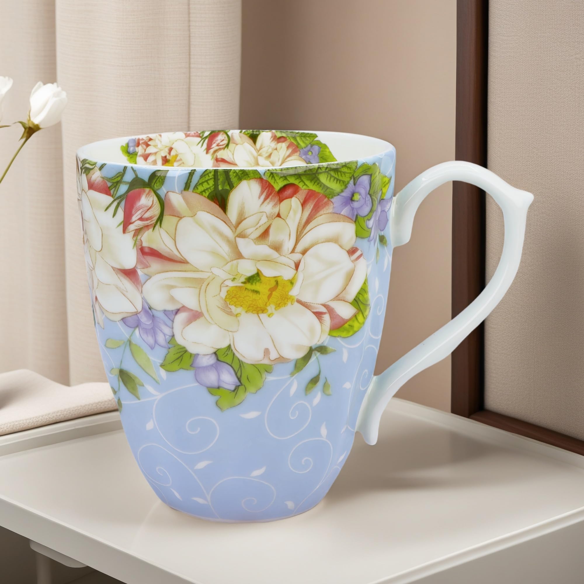 14oz Floral Bone China Coffee Mugs - Elegant Tea Cups for Women, Perfect Gift for Mom & Friends | Ideal for Home, Office & Cafe Use