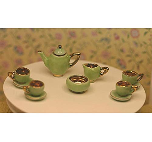 Apple Green and Gold Miniature Tea Set for Dollhouse - Perfect for Dollhouse Accessories, Tea Party Decor, and Collectible Miniatures