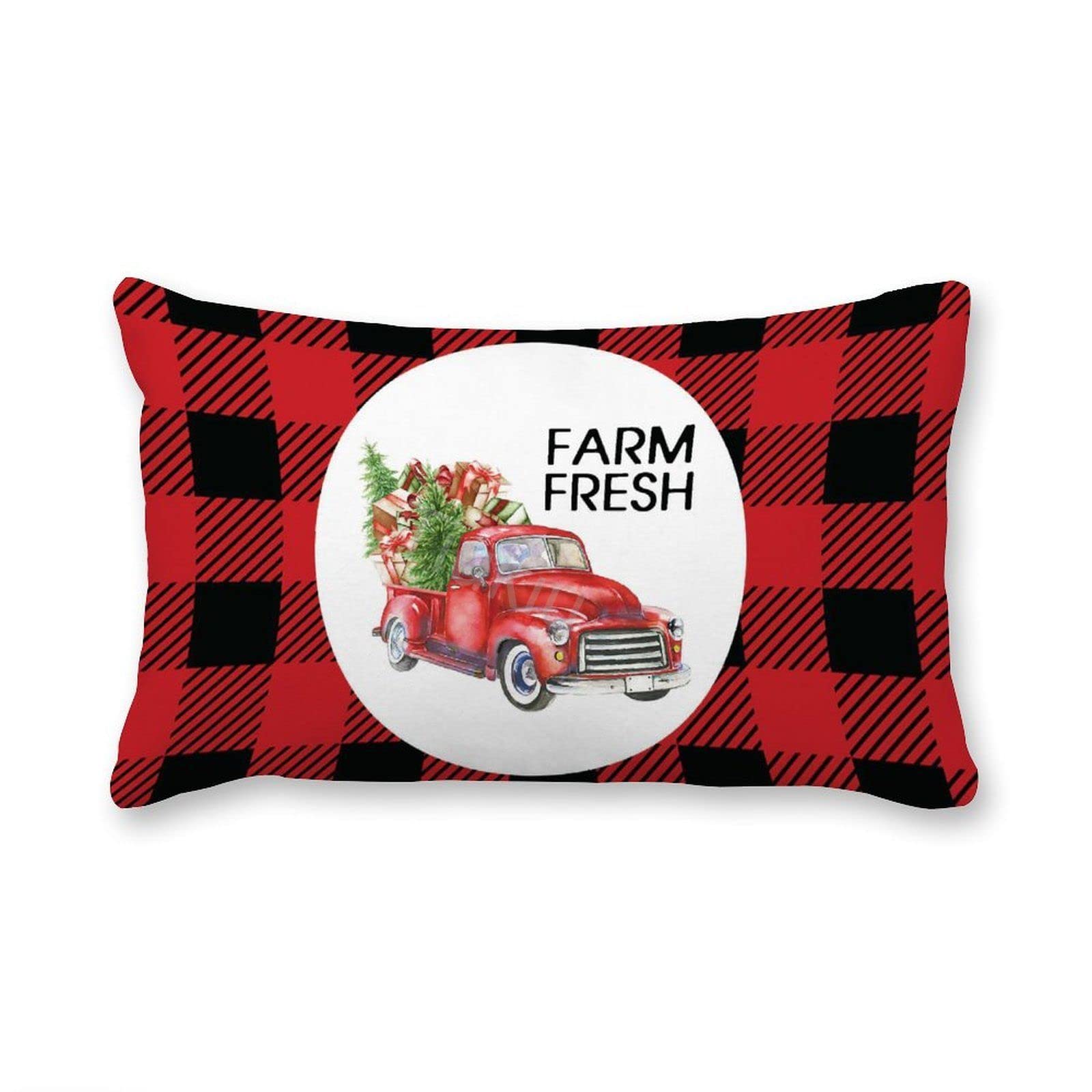 2 Pack Decorative Lumbar Pillow Covers - 12x20 Inches Buffalo Plaid Canvas Cushion Covers for Sofa, Bed & Living Room | American Truck & Car Design | Perfect for Farmhouse, Rustic & Country Home Decor
