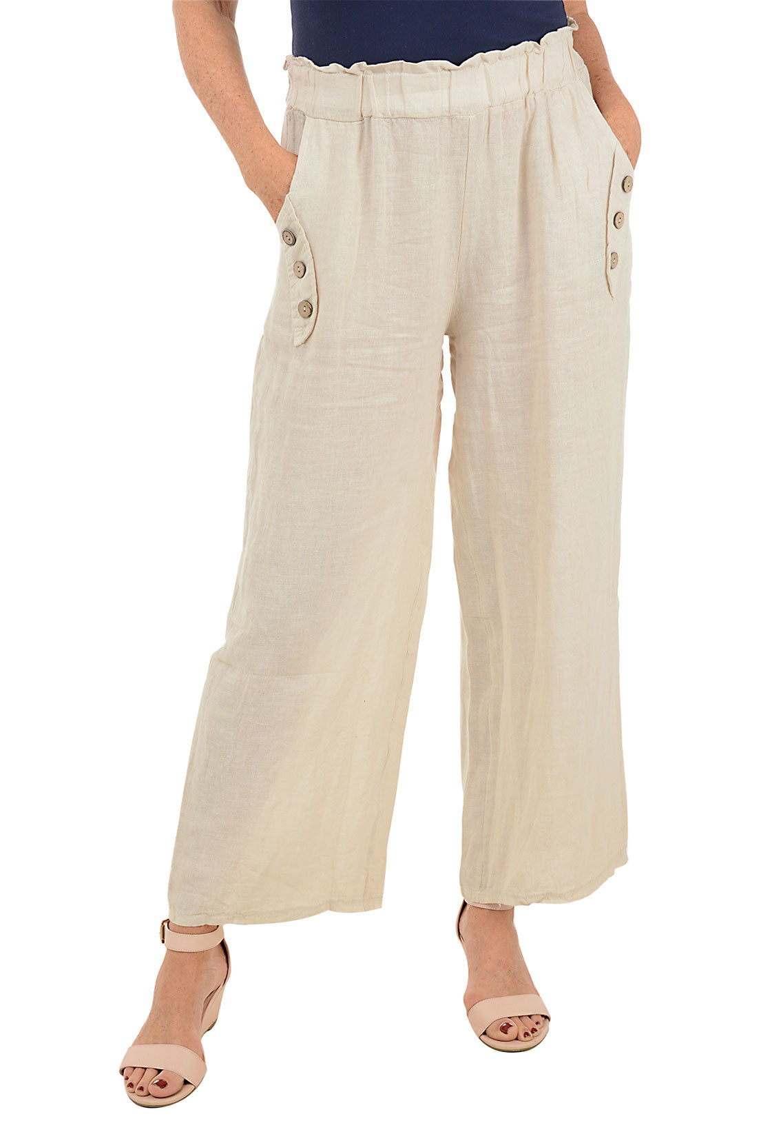 Stylish Triple Button Linen Wide Leg Pants for Women - Comfortable High Waist Palazzo Trousers - Perfect for Summer, Office Wear & Casual Outfits