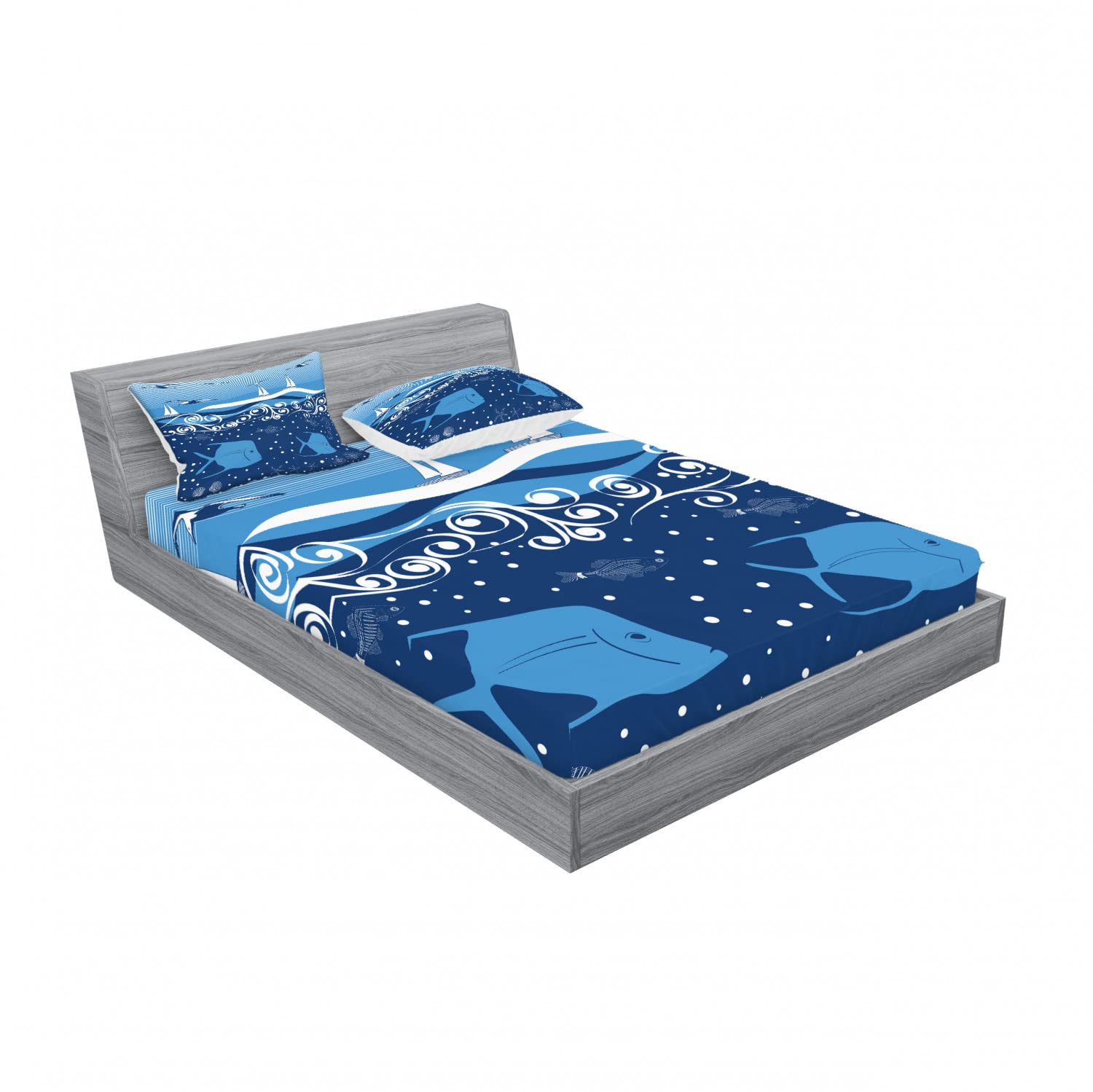 Ambesonne 4-Piece Nautical Bedding Set - 2 Queen Fitted Sheets & 2 Pillow Shams, Underwater Ocean Theme with Sailboat Design in Blue & White | Perfect for Beach House Decor, Guest Room or Coastal Themed Bedroom