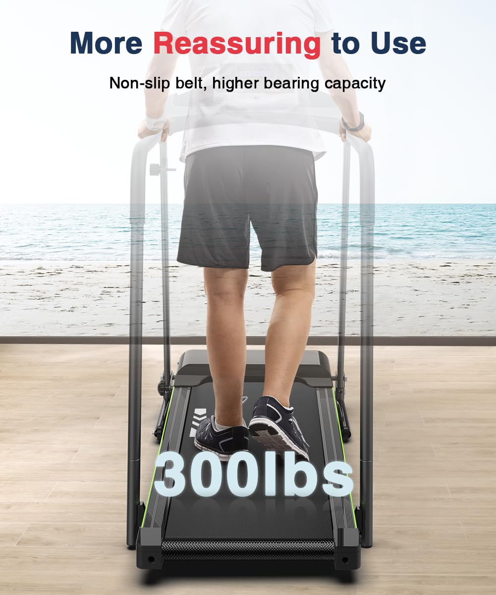 Redliro Foldable Walking Treadmill for Seniors - 300 lbs Weight Capacity with Long Handrail & LCD Display - Home Fitness Exercise Machine with Phone/Cup Holder - Perfect for Elderly Recovery, Low-Impact Workouts & Small Space Home Gyms