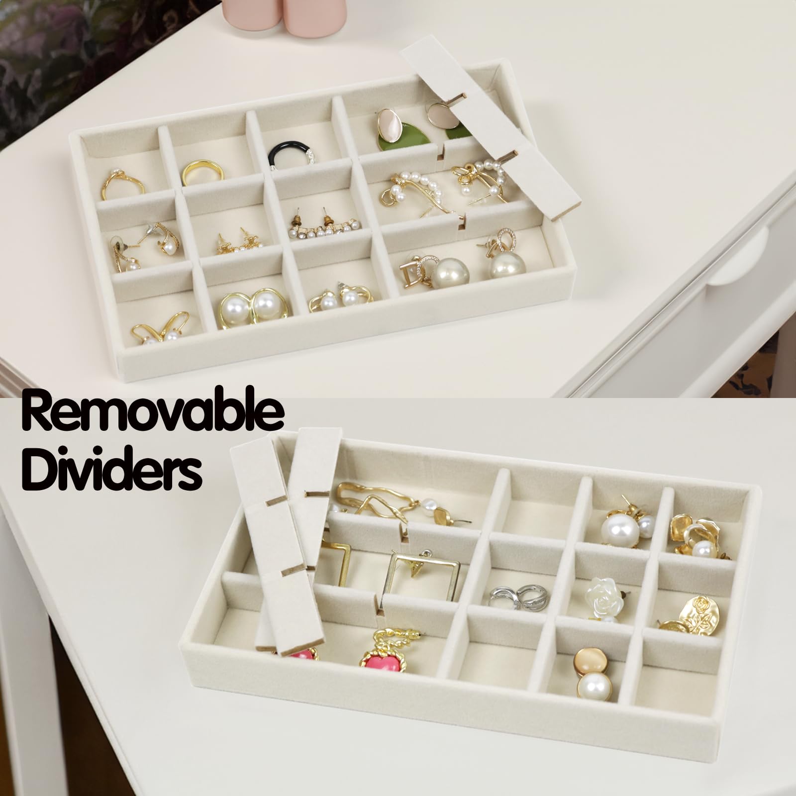 8-Piece Stackable Velvet Jewelry Organizer Set with Lid - Adjustable Drawer & Dresser Tray for Earrings, Necklaces, Rings & Bracelets - Beige Jewelry Storage Box for Bedroom, Closet & Travel