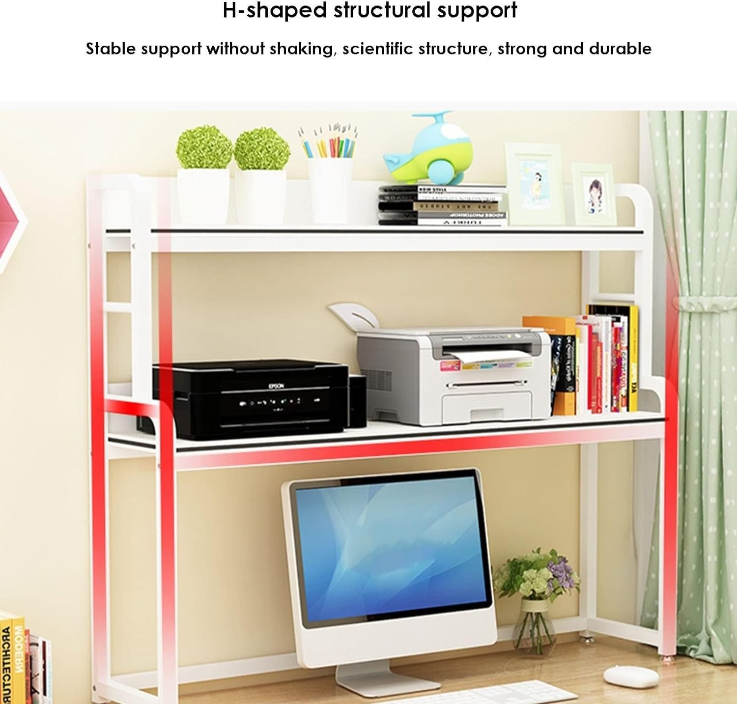 Adjustable Metal Desk Organizer Rack - Bookshelf & Printer Stand for Office Supplies - Perfect for Home Office, Study, and Workspace Organization