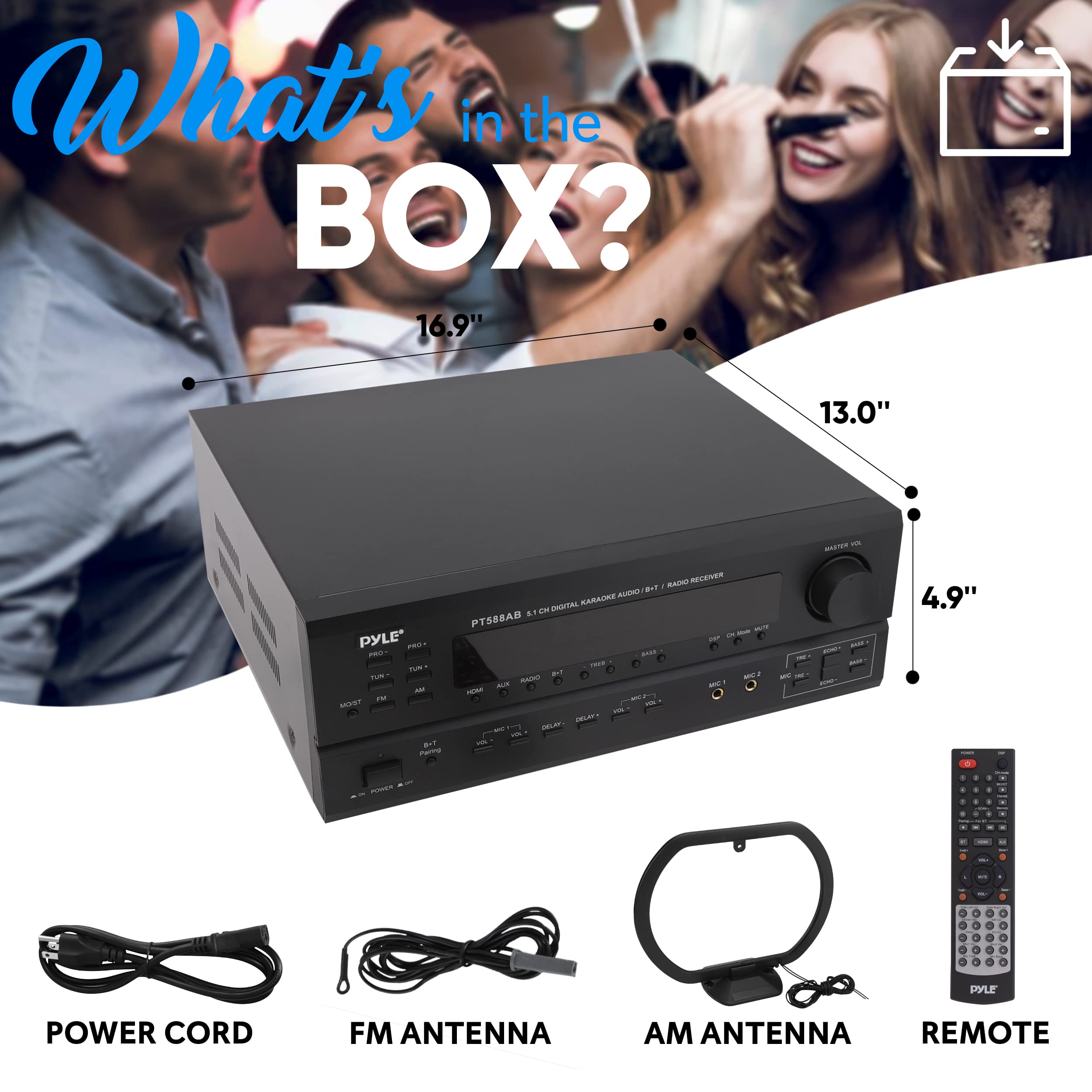 Pyle PT588AB.5 Wireless Bluetooth 5.1 Channel Home Theater Amplifier System - 420W Power, RCA/AUX Inputs, Microphone with Echo, Remote Control - Compatible with Subwoofers & Speakers - Perfect for Movie Nights, Gaming & Home Entertainment Systems