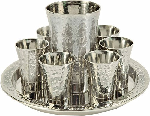 Yair Emanuel Silver Hammered Kiddush Cup & Fountain Set with 6 Cups and Tray - Elegant Jewish Ritual Wine Set for Shabbat, Holidays, and Special Occasions