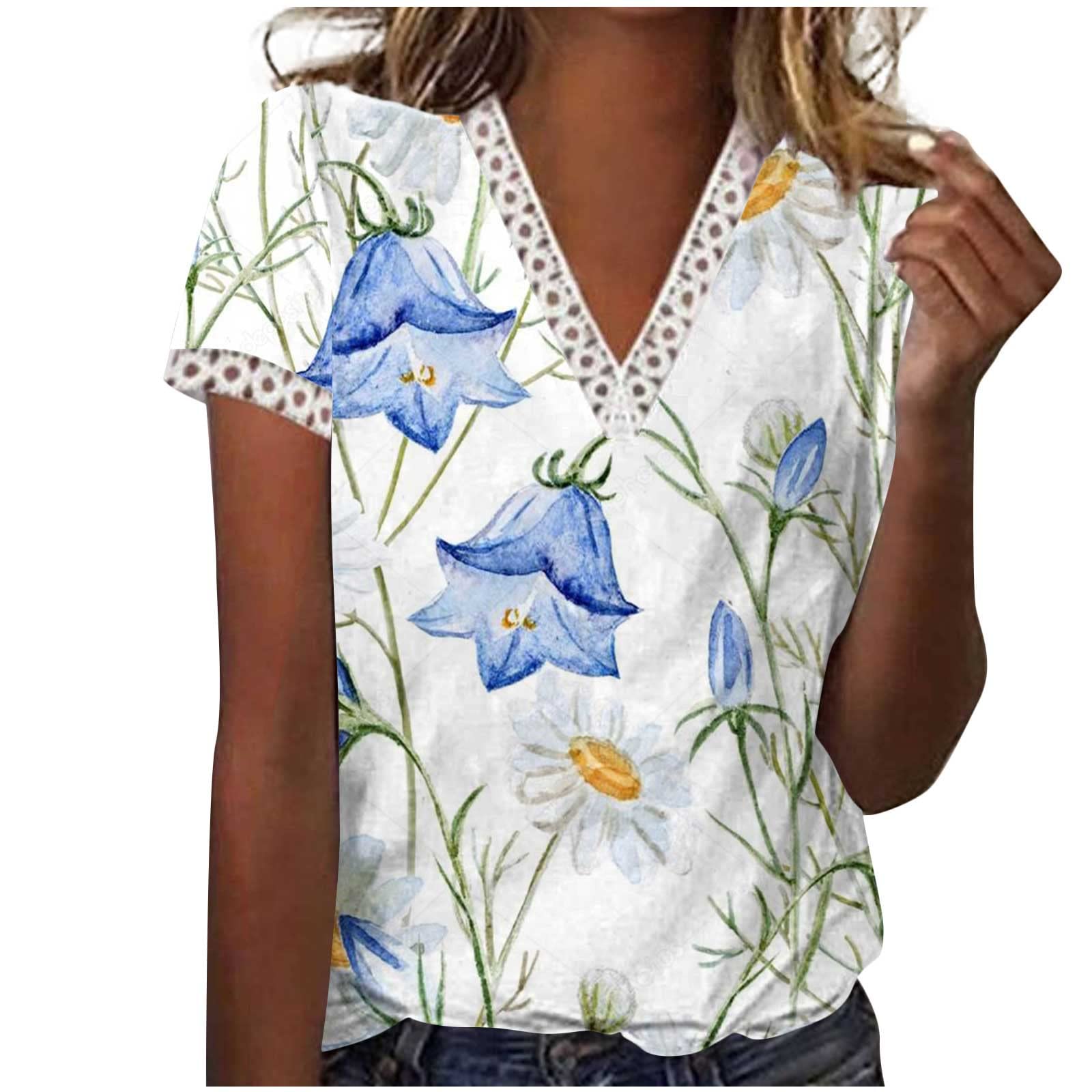 Trendy Floral Print Lace Patchwork V-Neck Short Sleeve T-Shirt Blouse for Women - Summer Casual Comfortable Tunic Top for Beach, Vacation & Everyday Wear