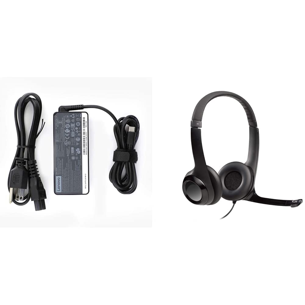 Original Genuine Lenovo ThinkPad 65W Type-C USB AC Power Adapter ADLX65YDC2A & Logitech H390 Wired Headset with Noise-Cancelling Mic - USB Stereo Headphones for PC, Mac, Laptop (Black) - Perfect for Remote Work, Online Meetings & Gaming