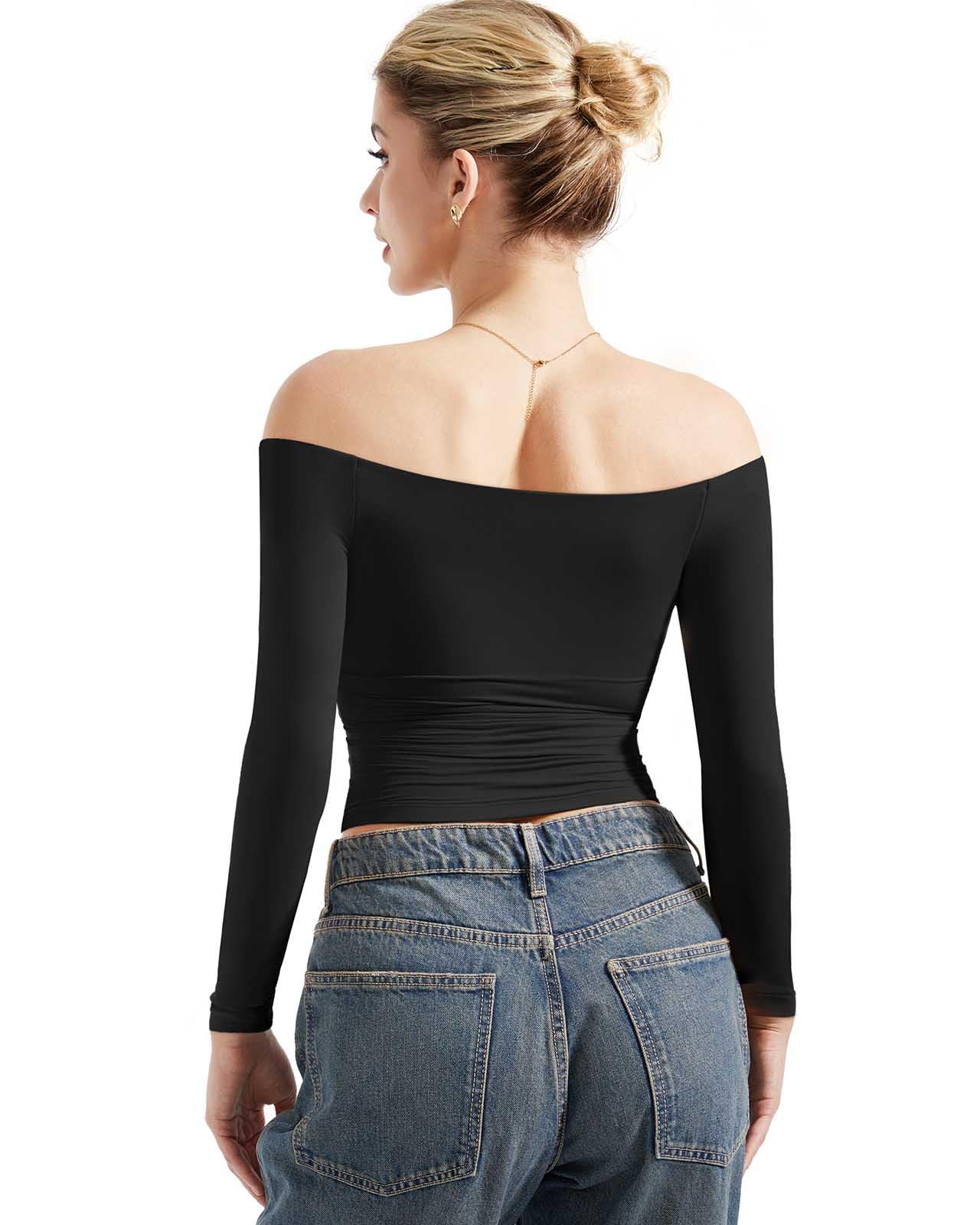SUUKSESS Women's Off Shoulder Long Sleeve Shirt - Double Lined Stretchy Basic Top for Casual Wear, Date Night & Going Out | Trendy Blouse for Fall & Winter Fashion