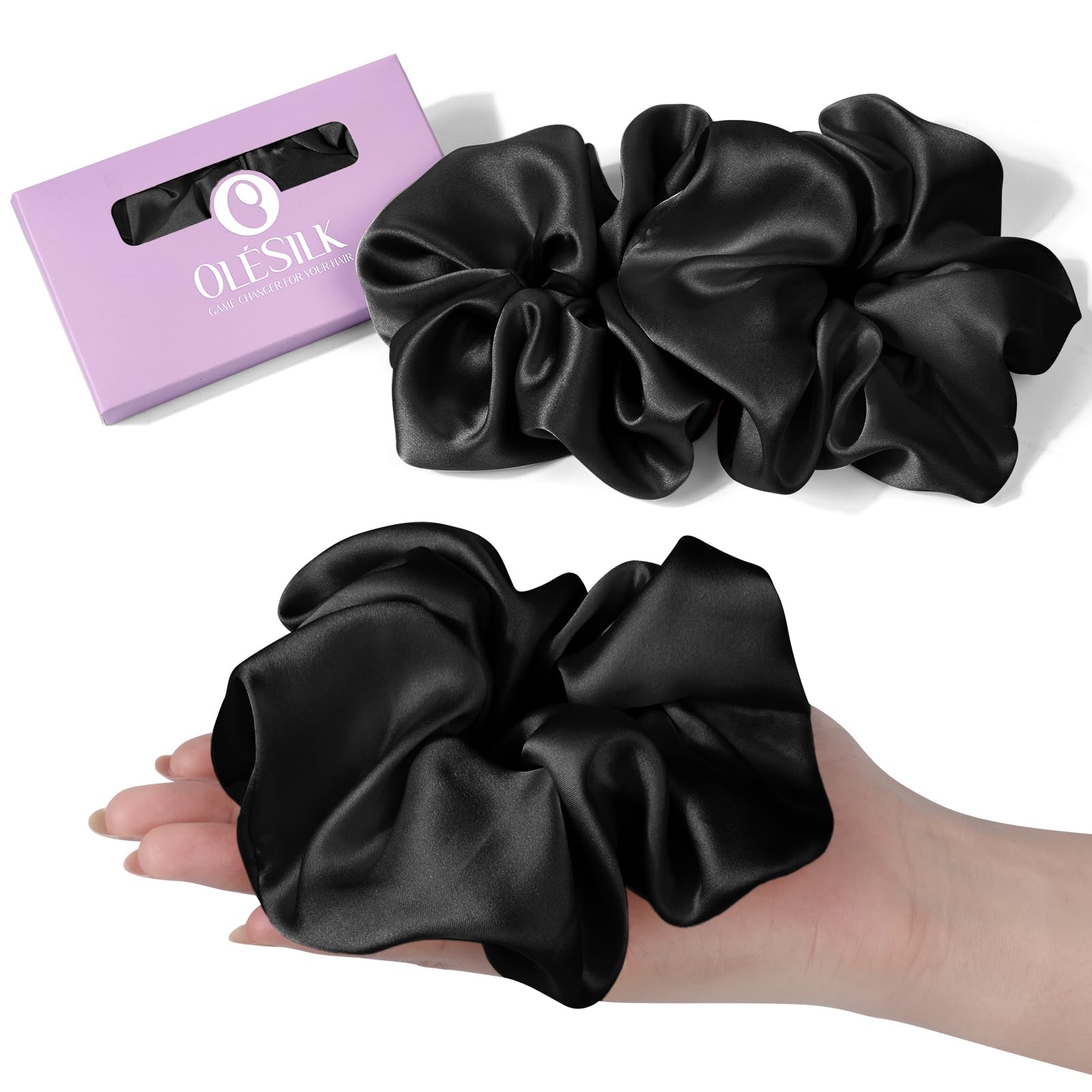 OLESILK 100% Mulberry Silk Scrunchies for Women & Girls - Oversized Large Hair Ties for Long Thick Hair - Soft Smooth No Damage Hair Care - Perfect for Sleeping, Workouts & Everyday Use