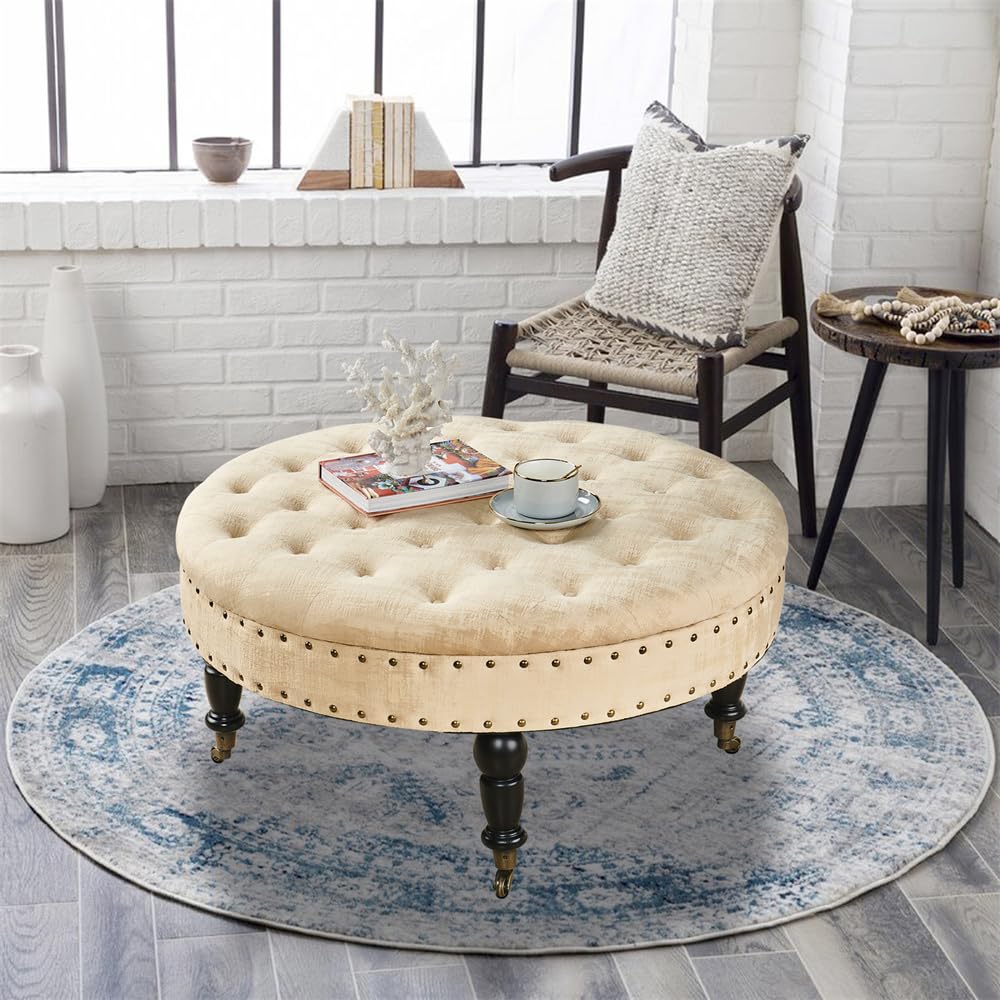 Round Velvet Tufted Ottoman Coffee Table - 34