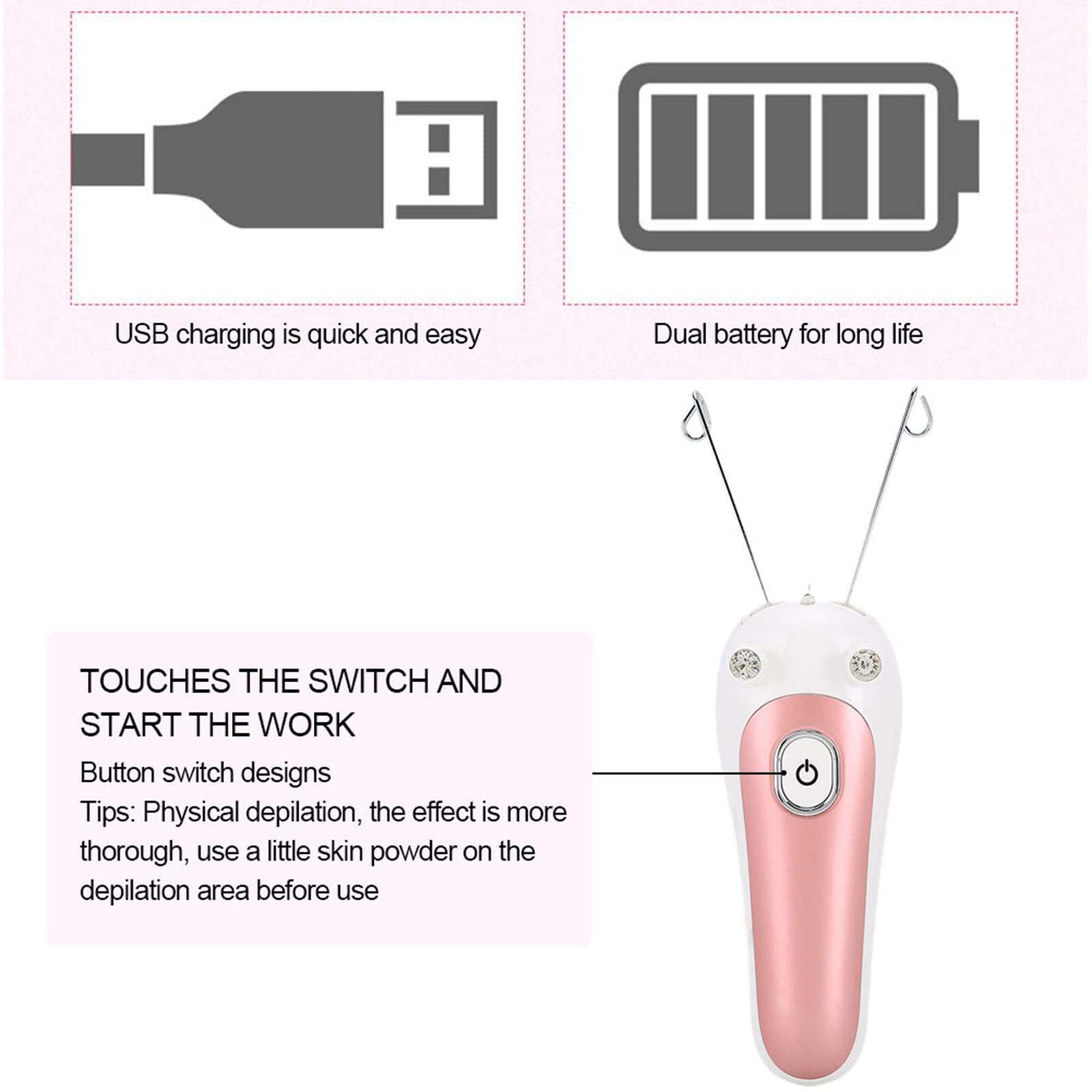 Electric Hair Remover & Epilator - USB Rechargeable Facial Threading Tool for Eyebrows, Face, Arms & Legs | Painless Hair Removal for Smooth Skin at Home | Perfect for Travel & Daily Grooming (Pink)