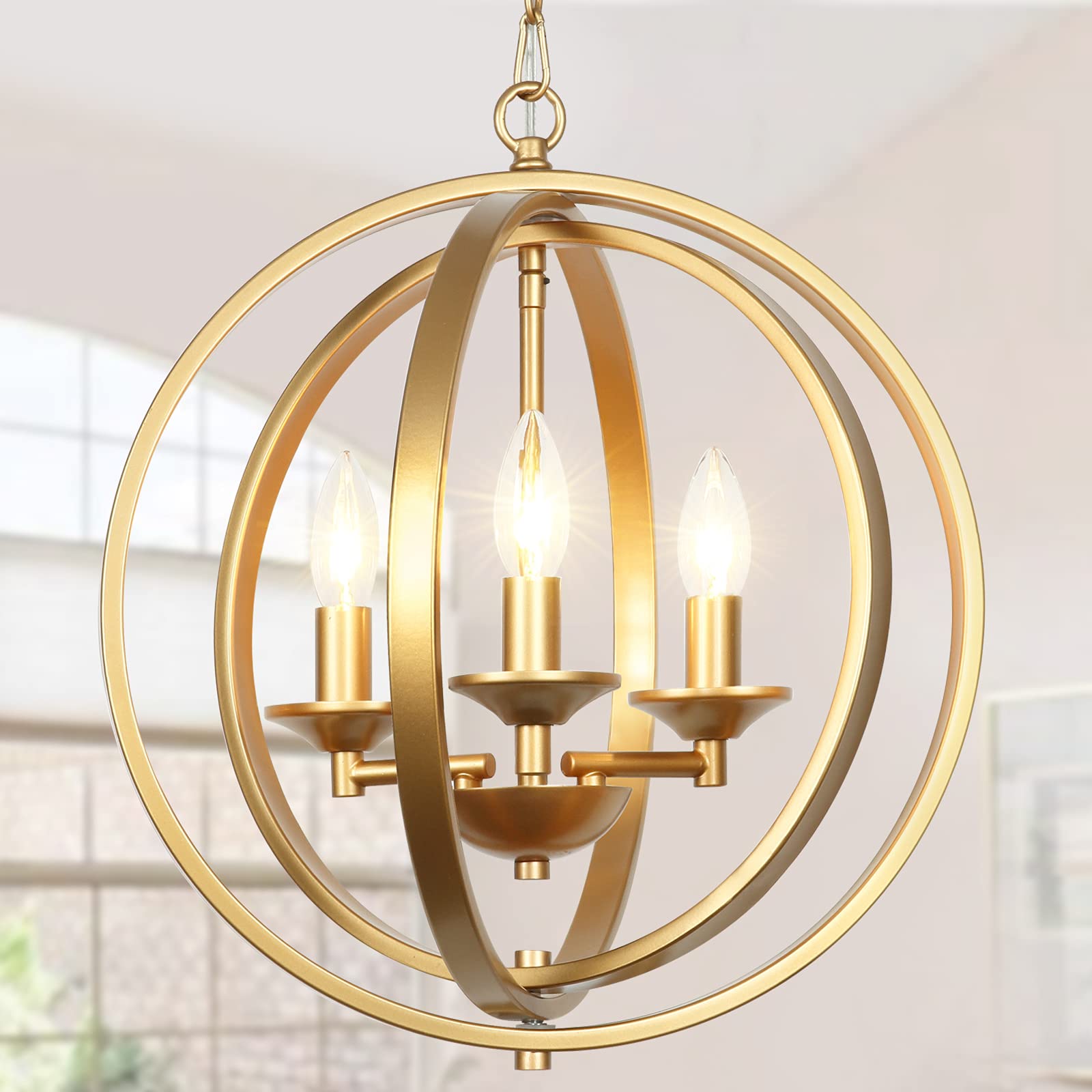 Derksic Gold Orb Chandelier 3-Light Modern Globe Pendant Light - Elegant Ceiling Fixture for Dining Room, Living Room, Bedroom, Kitchen, Hallway & Stairwell - Perfect for Home Decor, Wedding Venues and Luxury Interior Lighting