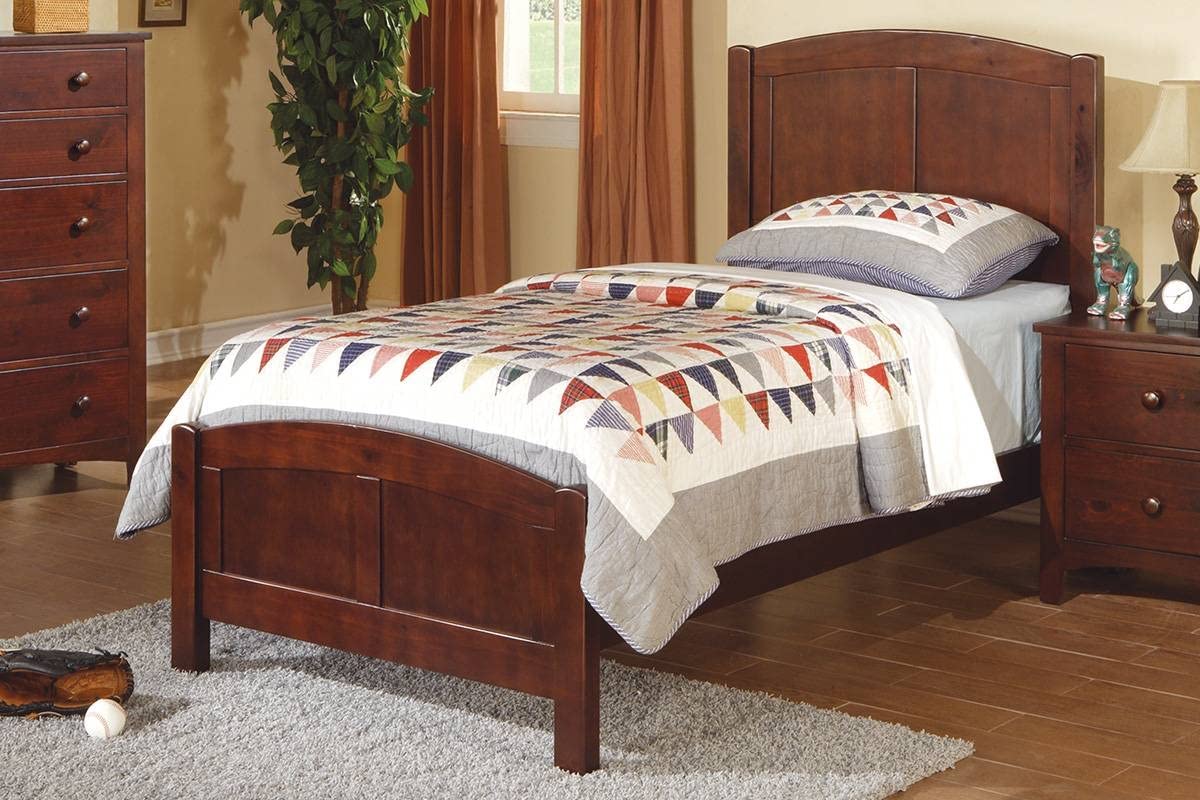 VOVEN Solid Rubberwood Twin Size Wooden Bed with Dark Oak Finish - Unique Headboard & Footboard Design for Youth & Kids Bedroom Furniture | Perfect for Small Spaces & Guest Rooms
