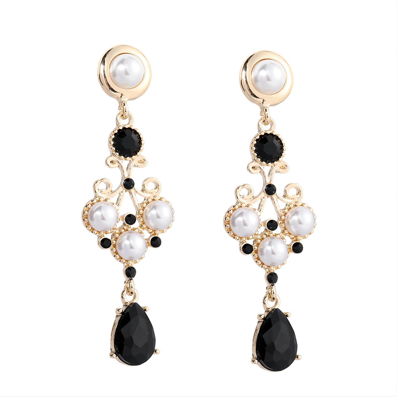 Black Datura Baroque Pearl Drop Earrings - French Palace Style Vintage Jewelry with Black Diamonds & Four Leaf Clover Design for Women | Elegant Evening Party & Wedding Accessories