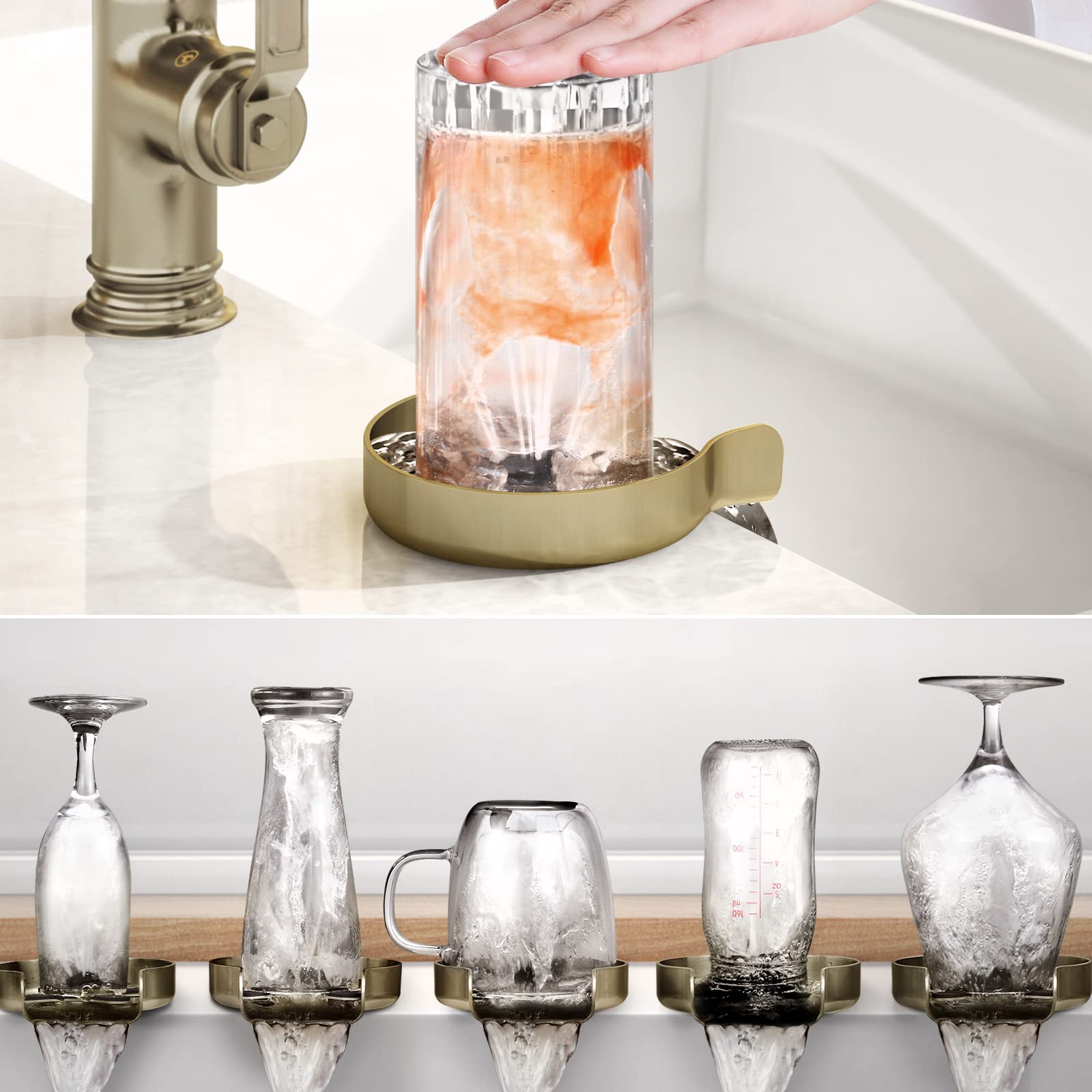Premium Stainless Steel Glass Rinser for Kitchen Sinks - Bottle & Cup Washer for Bar, Home & Restaurant Use - Brushed Gold Finish Sink Accessory - Perfect for Wine Glasses, Baby Bottles & Coffee Mugs