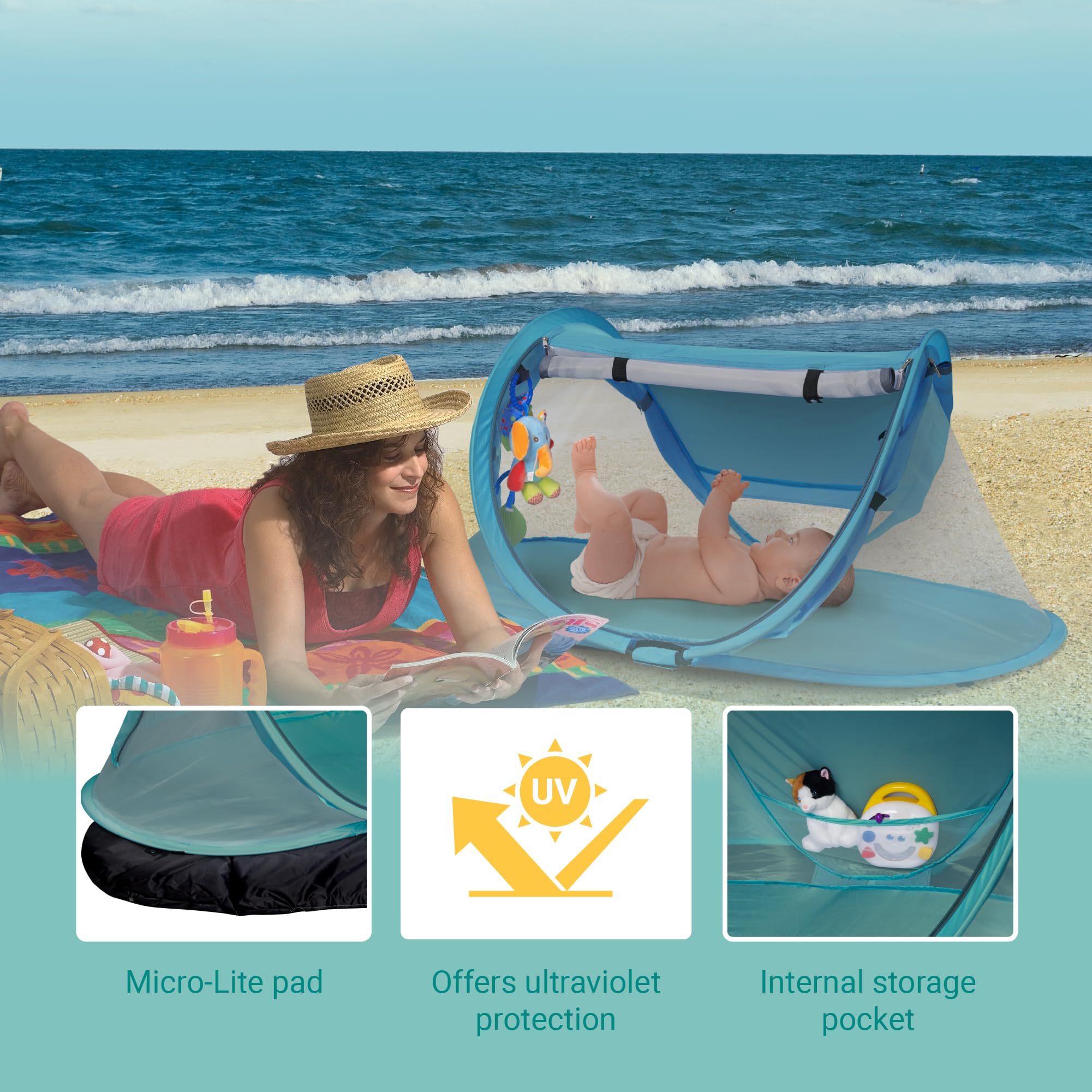 KidCo Peapod Prestige Lightweight Outdoor Travel Tent for Toddlers - Portable Play Tent with UV Protection, Sun Shade & Toy Loops - Ideal for Beach, Park, Camping & Backyard - Ages 6 Months to 4 Years (Sky Blue)