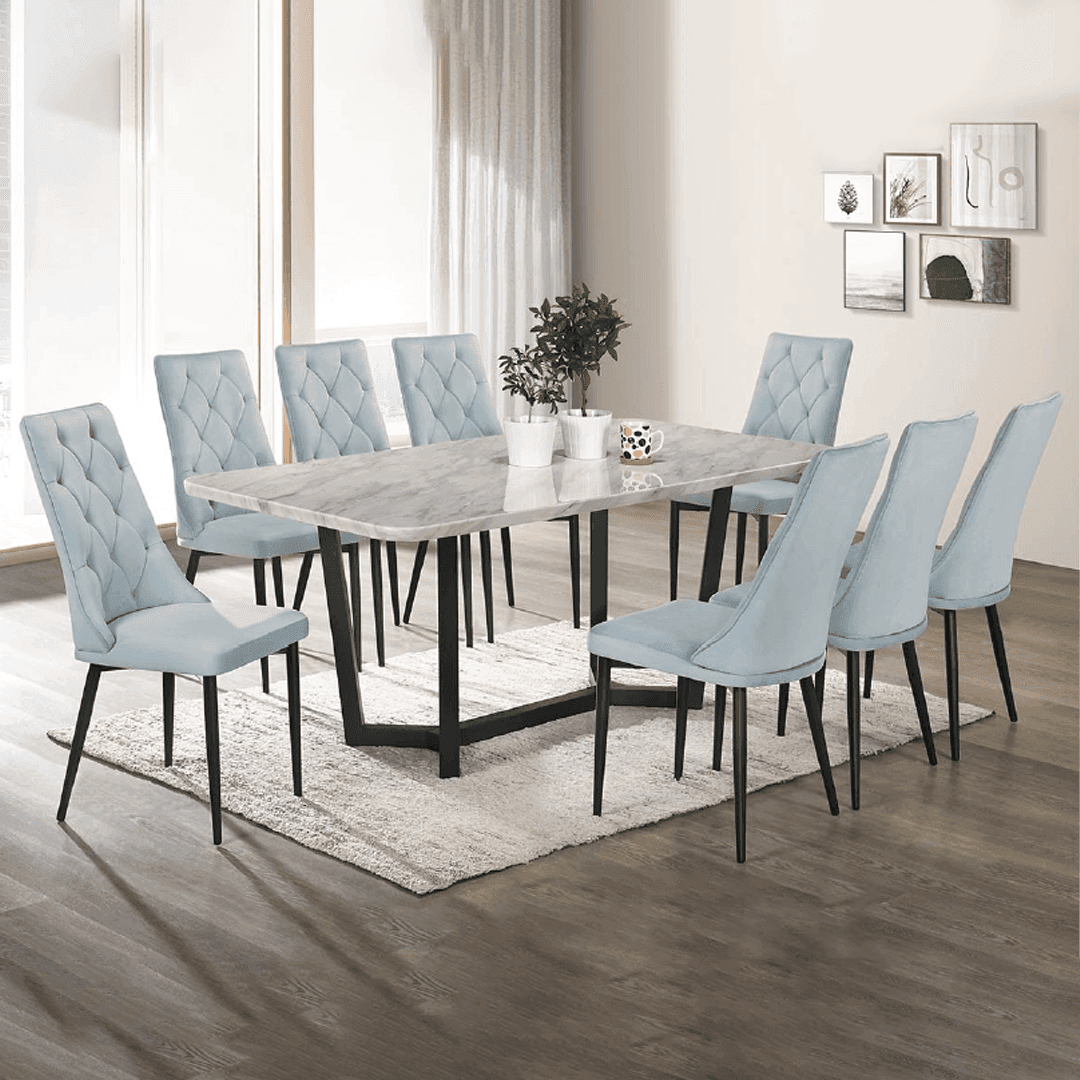 Fiorissa Marble Dining Table Set with 8 Chairs - Elegant White Marble Top & Sturdy Metal Base for Modern Dining Room, Kitchen, or Outdoor Patio