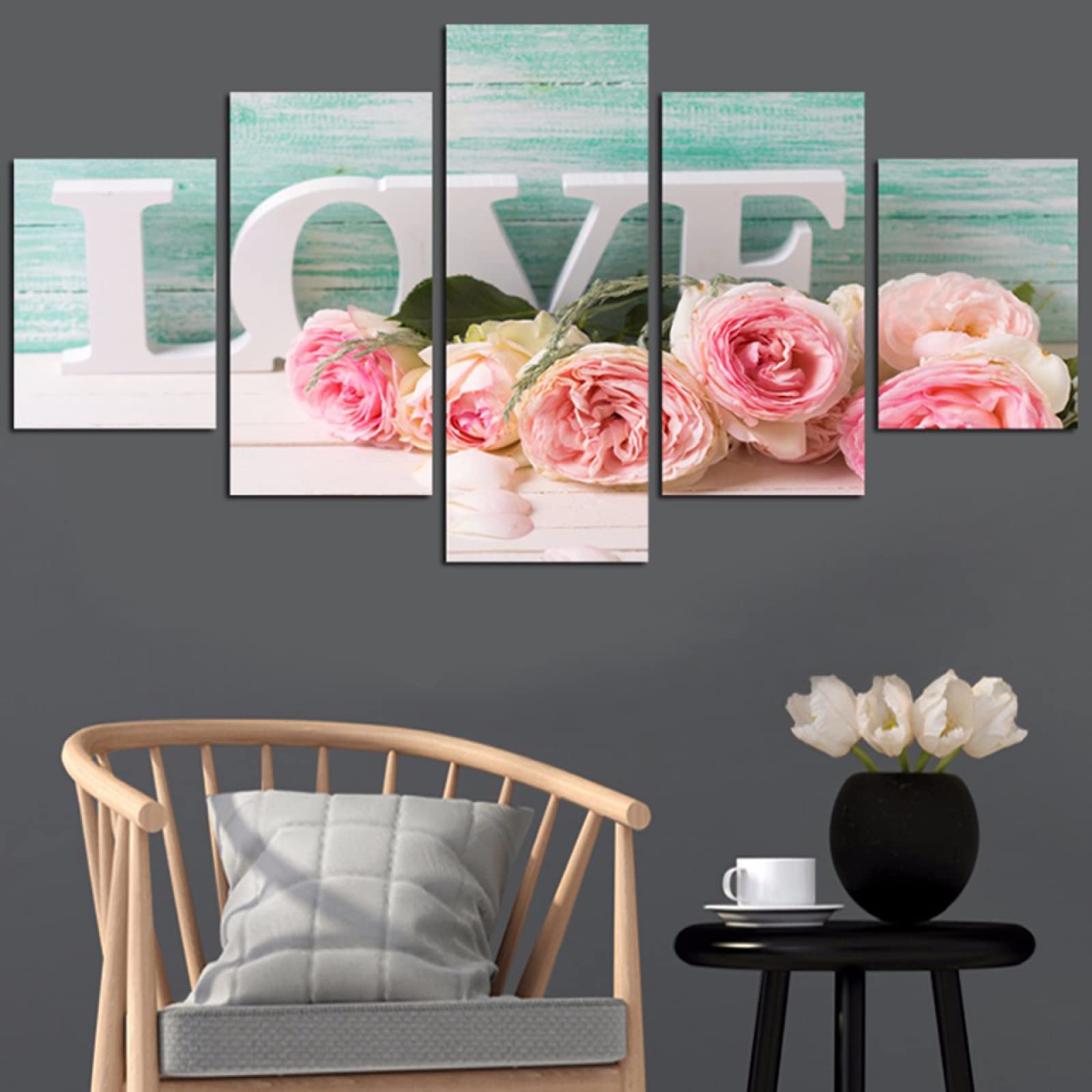 5-Piece Pink Flower Love Word Canvas Wall Art Set - Romantic Confession Painting, Giclee Prints for Living Room, Office & Home Decor (40x22 Inches Framed) - Perfect for Valentine's Day Gifts, Bedroom Accent & Wedding Decor