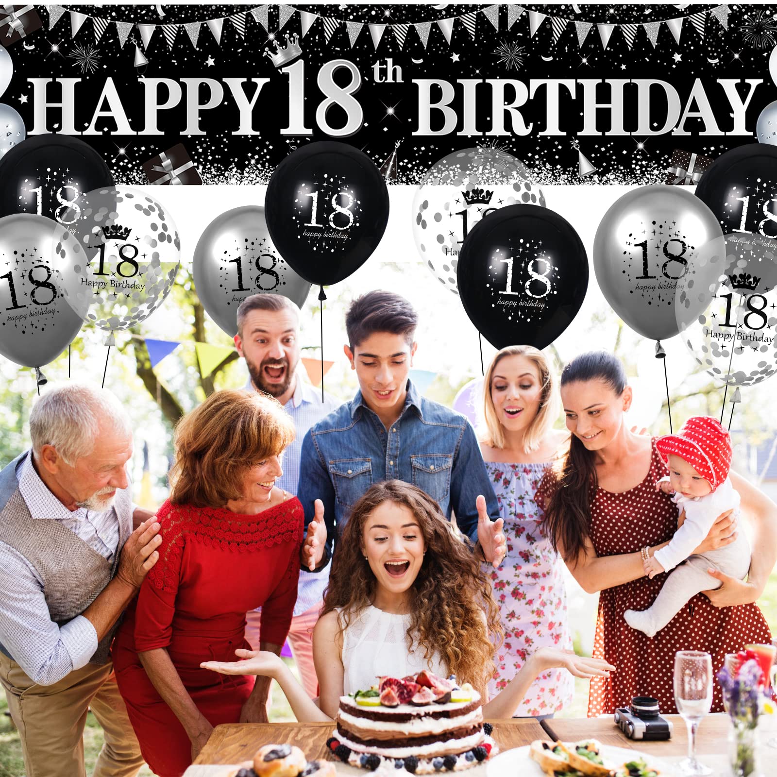 Black Silver 18th Birthday Party Decorations Set - Happy 18th Birthday Banner, Yard Sign & 18PCS Balloons for Boys & Girls - Cool Birthday & Anniversary Party Supplies for Indoor & Outdoor Celebrations