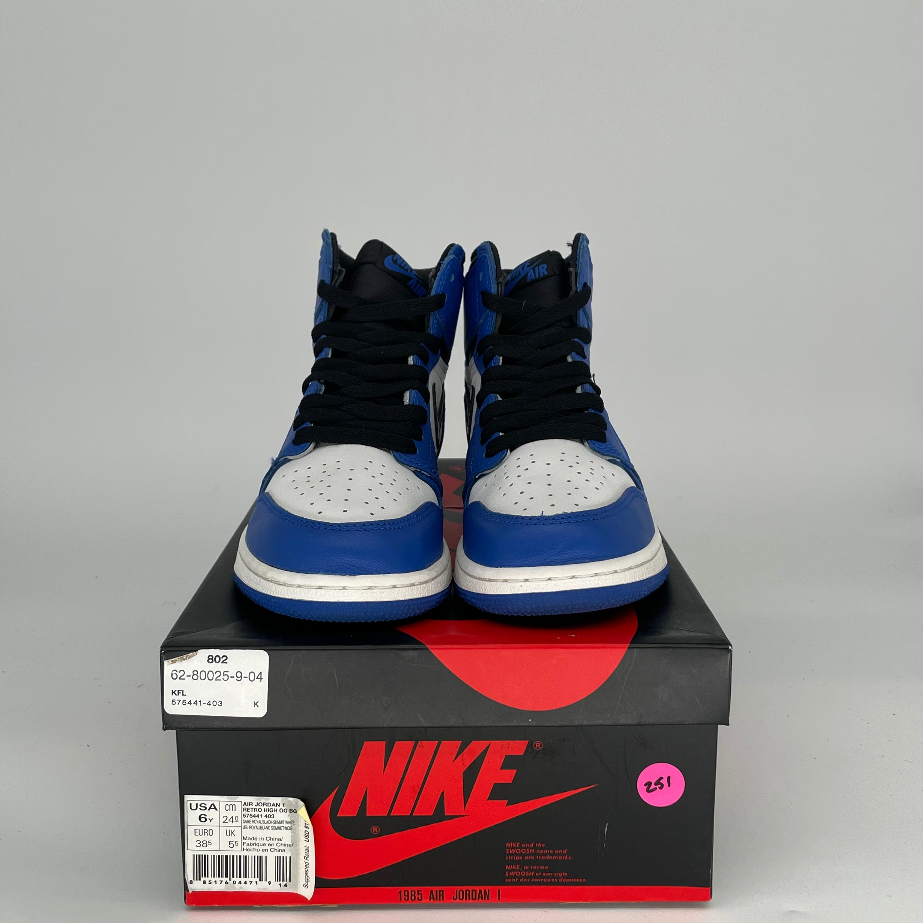 Original: AIR JORDAN 1 GAME ROYAL SIZE 6/7.5w 575441 403   Optimized: Air Jordan 1 Retro High OG 'Game Royal' Basketball Shoes - Men's/Women's Size 6/7.5 (575441-403) - Perfect for Streetwear & Sneaker Collectors