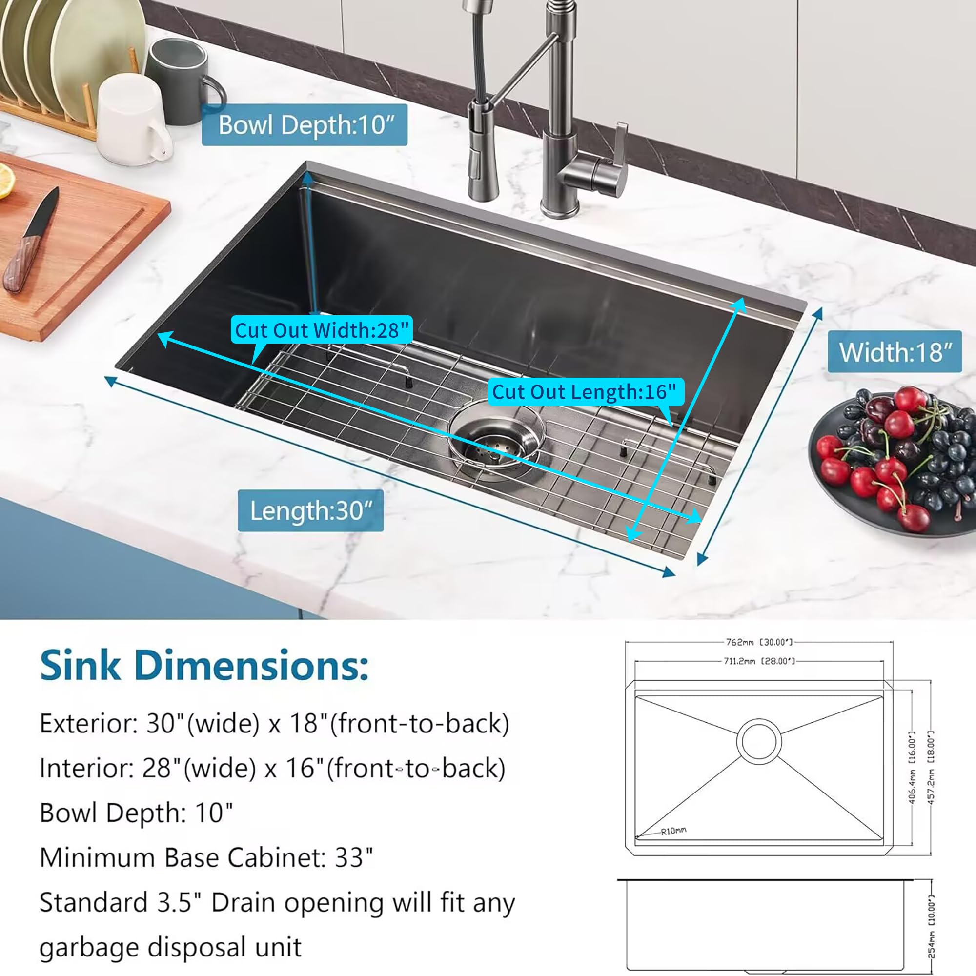 30 Inch Black Undermount Kitchen Sink - 16 Gauge Stainless Steel Single Bowl Workstation Sink with R10 Round Corners, Ledge & Accessories (5-Pack) - Perfect for Modern Kitchens, Restaurants & Food Prep Areas