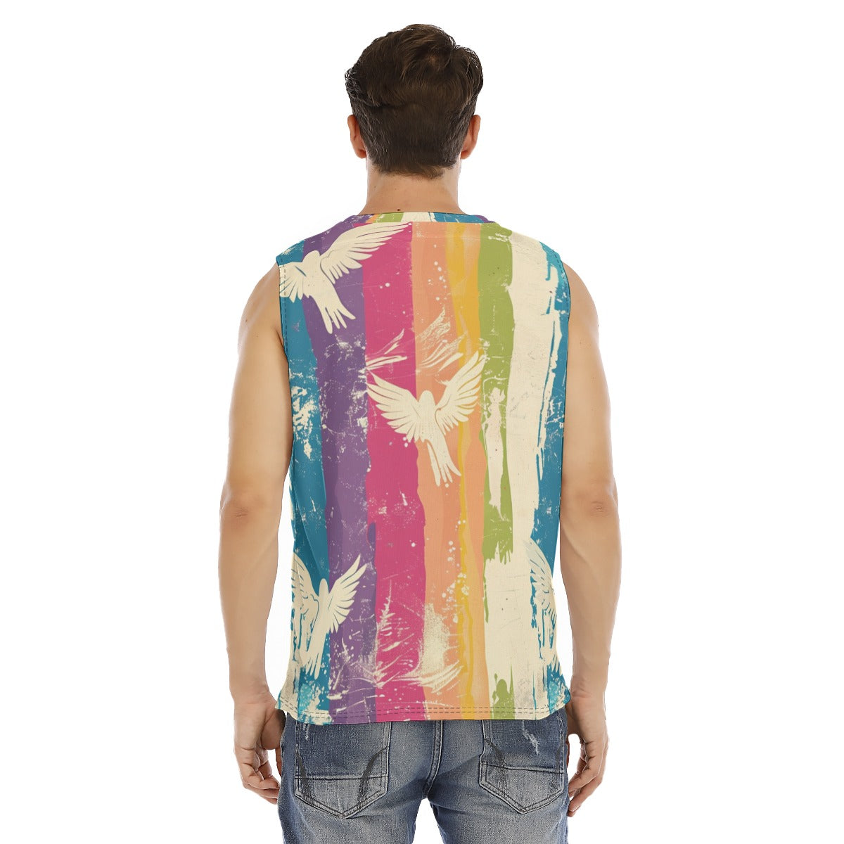 Grunge Rainbow Birds Graphic Men's Muscle Tank Top - Vintage Style O-Neck Sleeveless Shirt for Casual Wear, Gym, and Summer Outfits